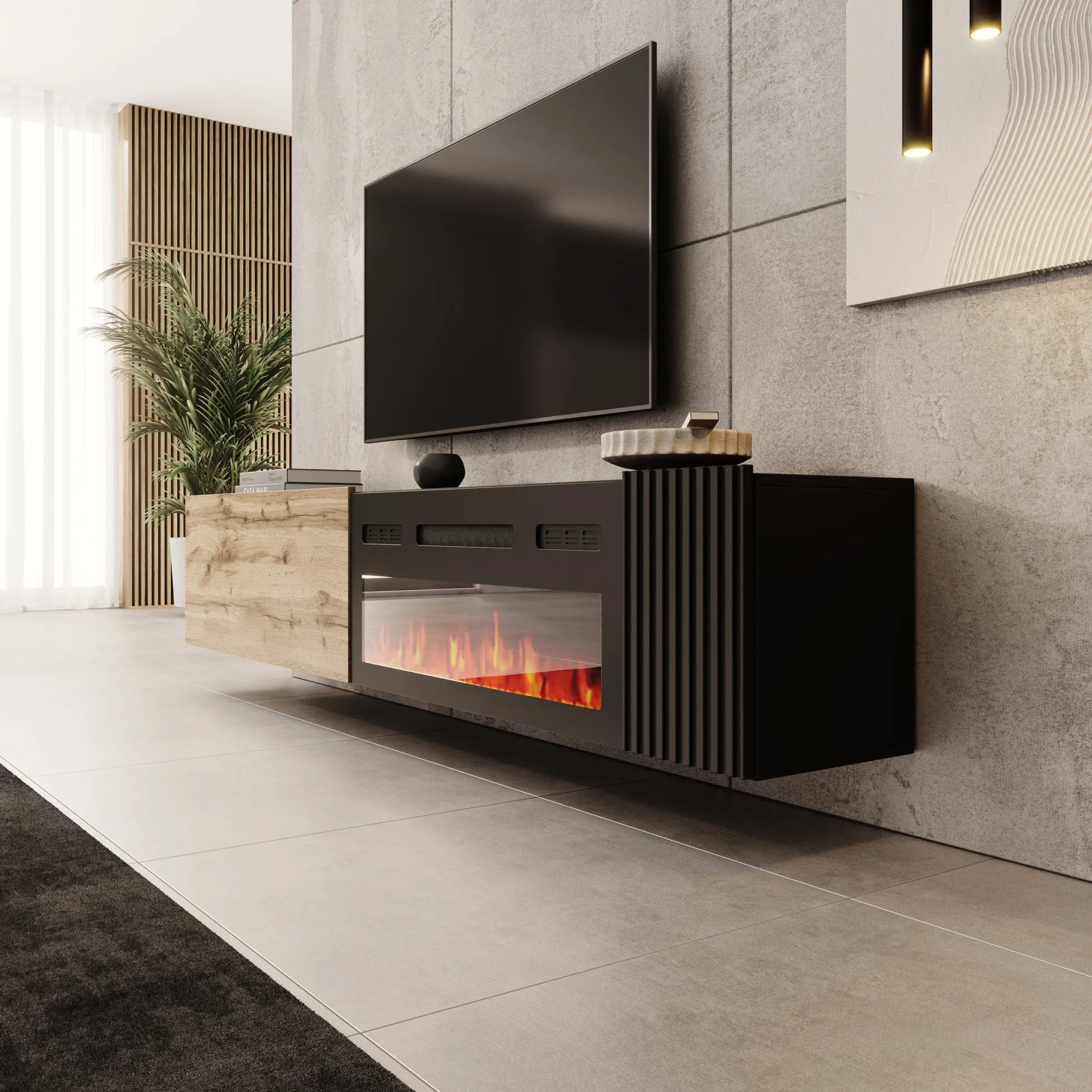 Cruzar - TV-Meubel met sfeerhaard - Zwart/Eikenlook - 200x30x38 cm