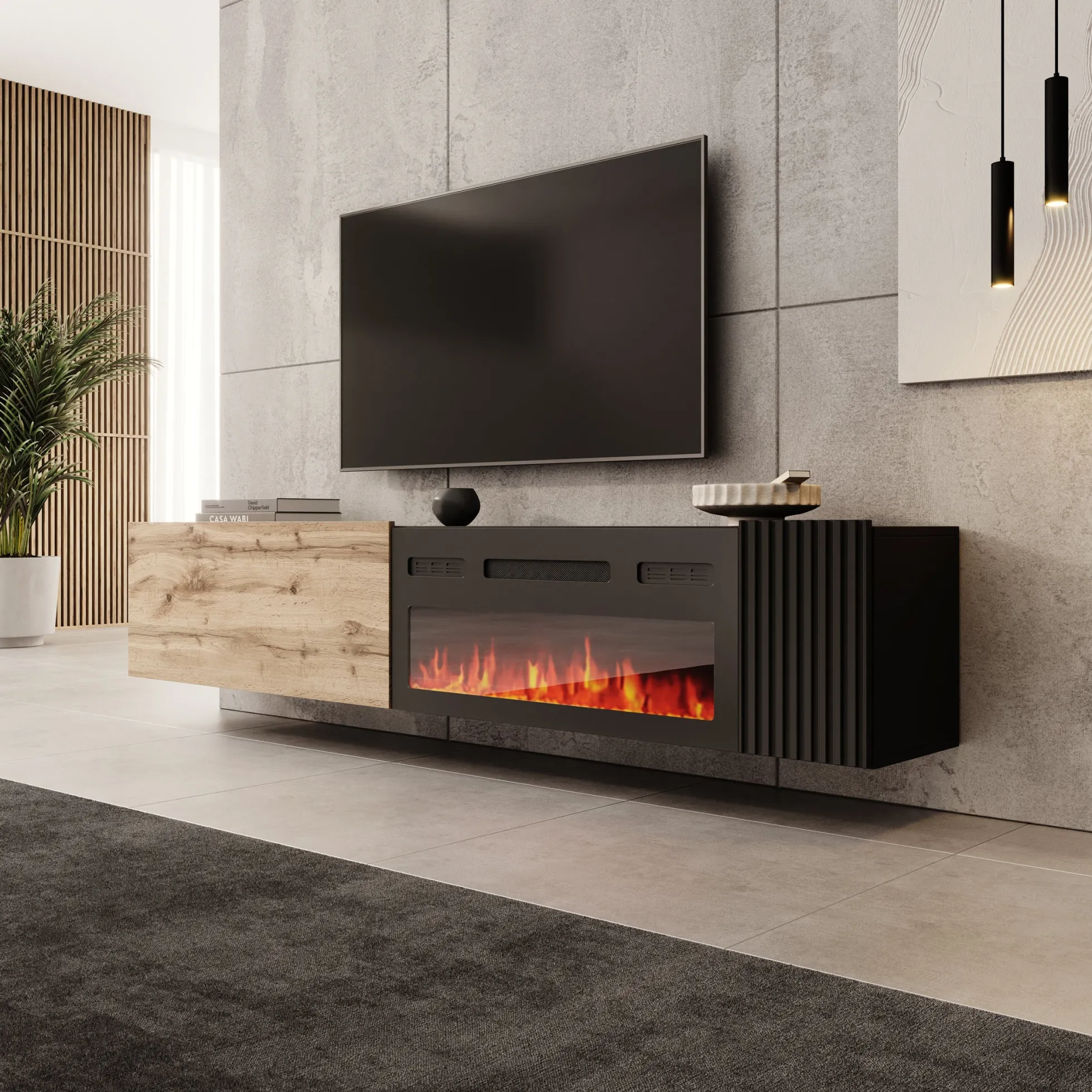 Cruzar - TV-Meubel met sfeerhaard - Zwart/Eikenlook - 200x30x38 cm