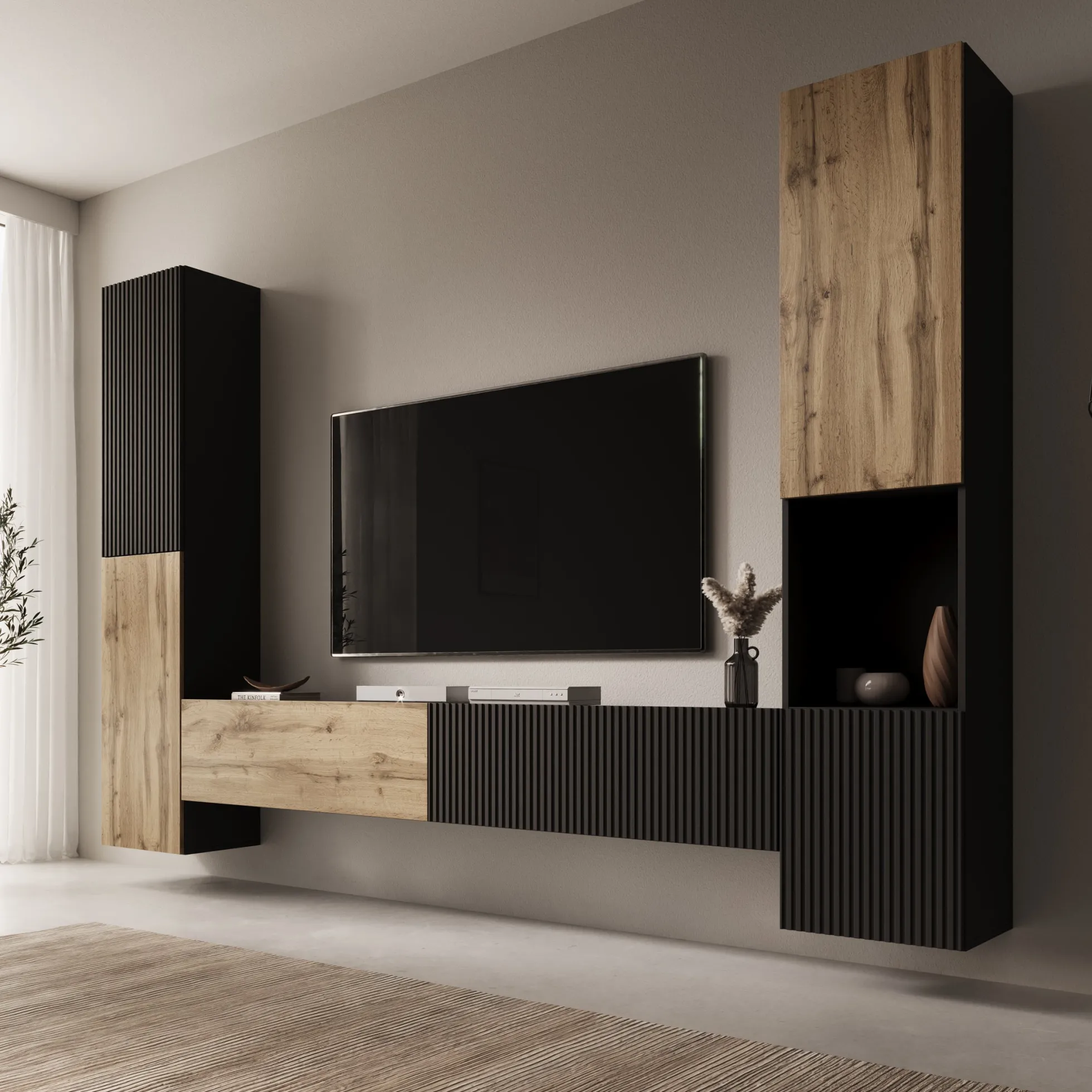 Cruzar - Wandmeubel - Zwart/Eiken - 280x30x180 cm