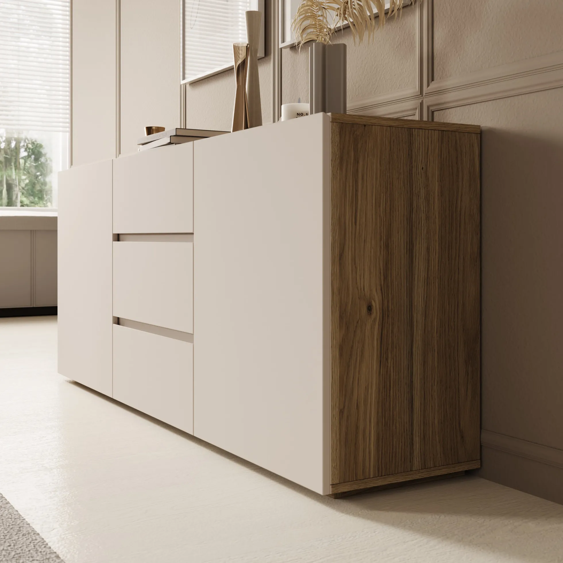 Cumi - Dressoir - Beige/Eikenpatroon - 150x34x64 cm