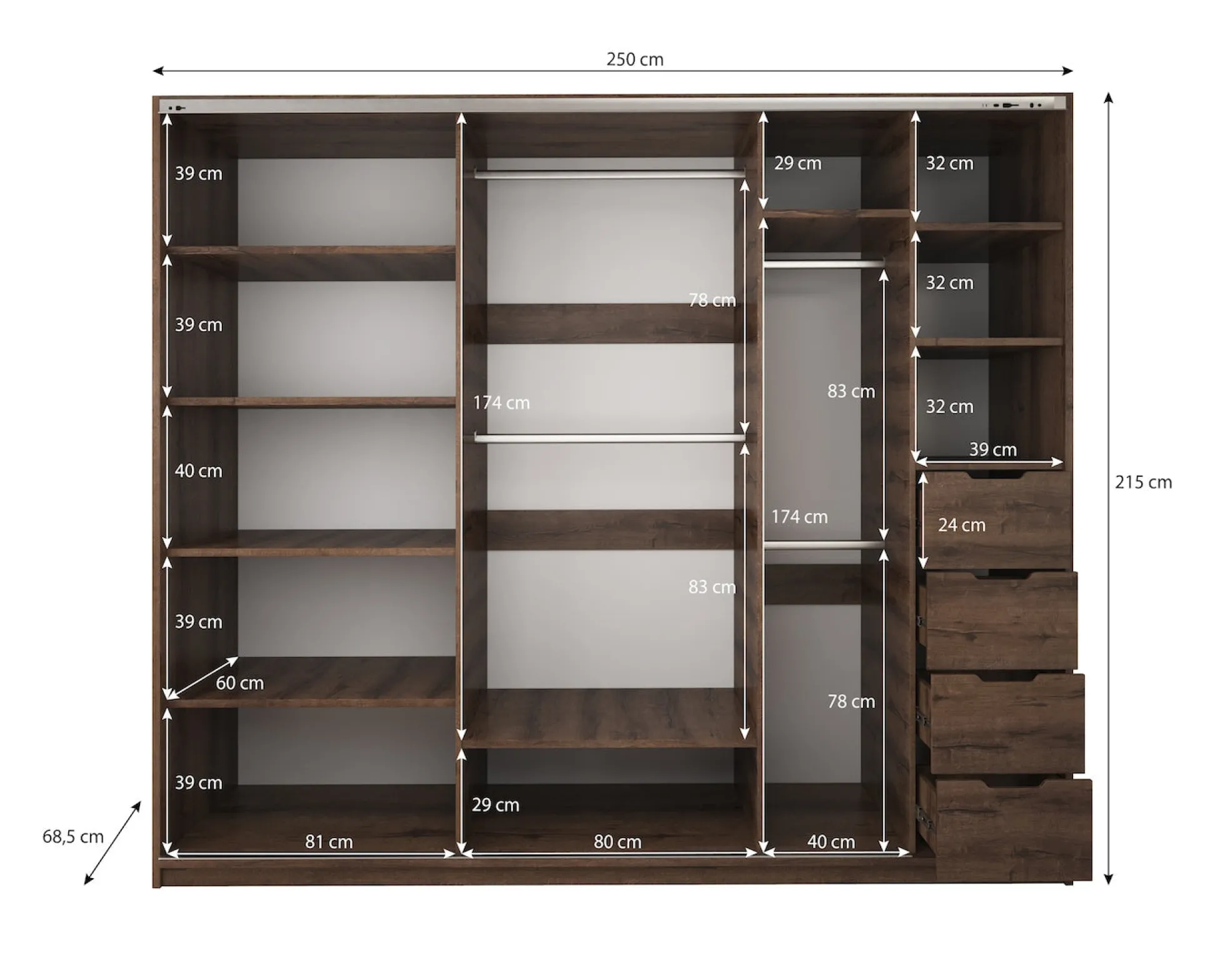 Diplo - Kledingkast met schuifdeuren - Eiken - 250x69x215 cm