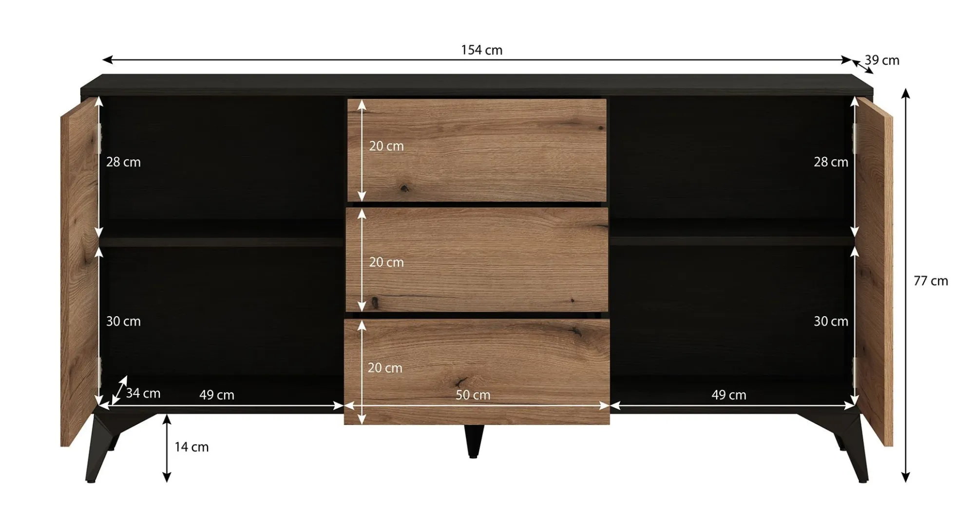 Dolores 4 - Dressoir - Eiken/zwart - 154x39x77 cm