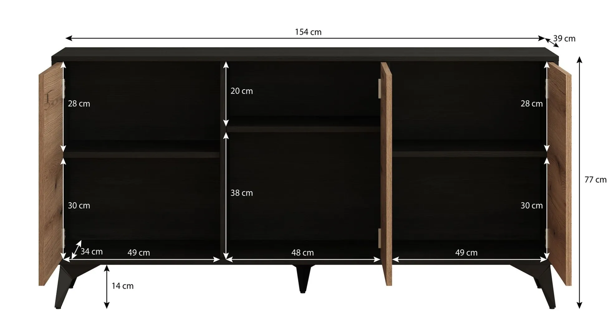 Dolores - Dressoir - Eiken/zwart - 154x39x77 cm