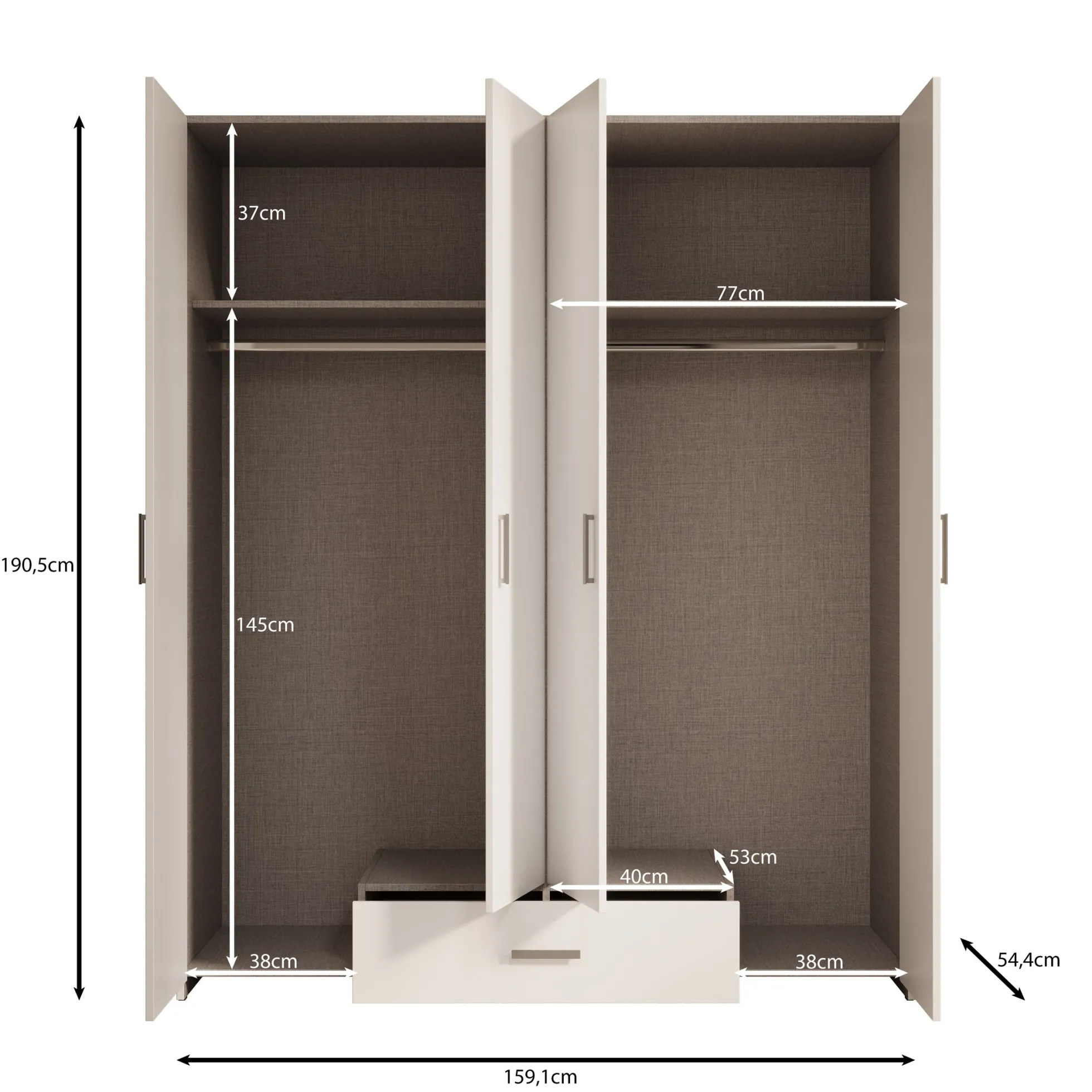 Elario - Kledingkast 4 deurs - Wit - 159x54x191 cm