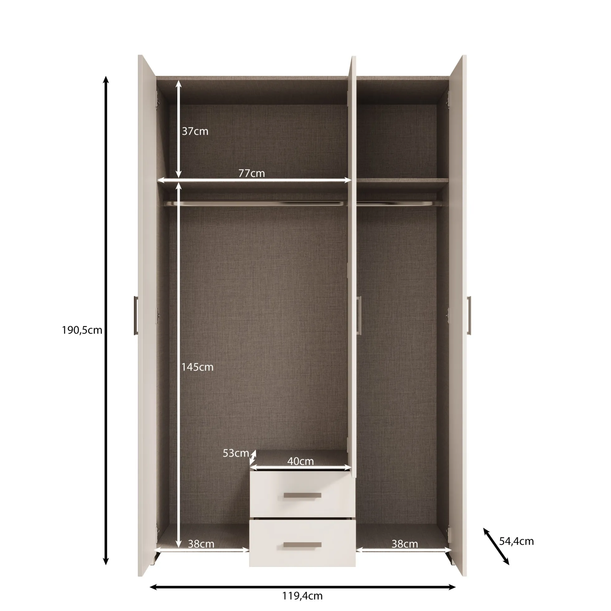 Elario - Kledingkast 3 deurs - Wit - 119x54x191 cm