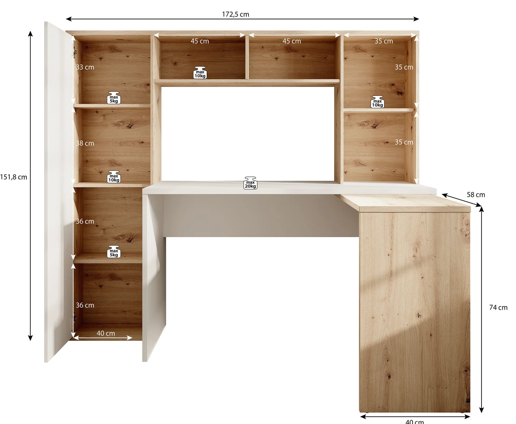 Elze - Bureau - Eiken/wit - 173x117 cm