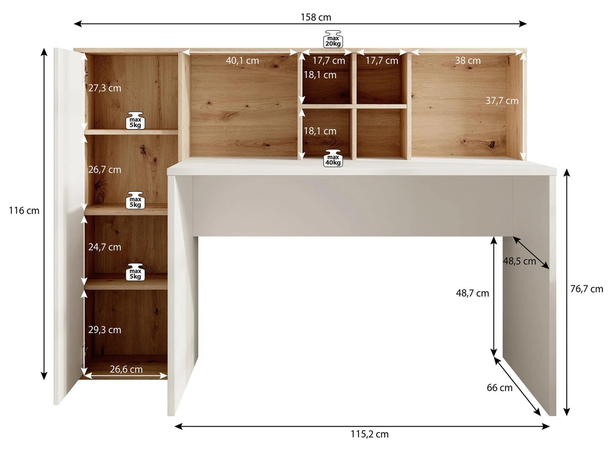 Elze - Bureau - Eiken/wit - 158x66 cm