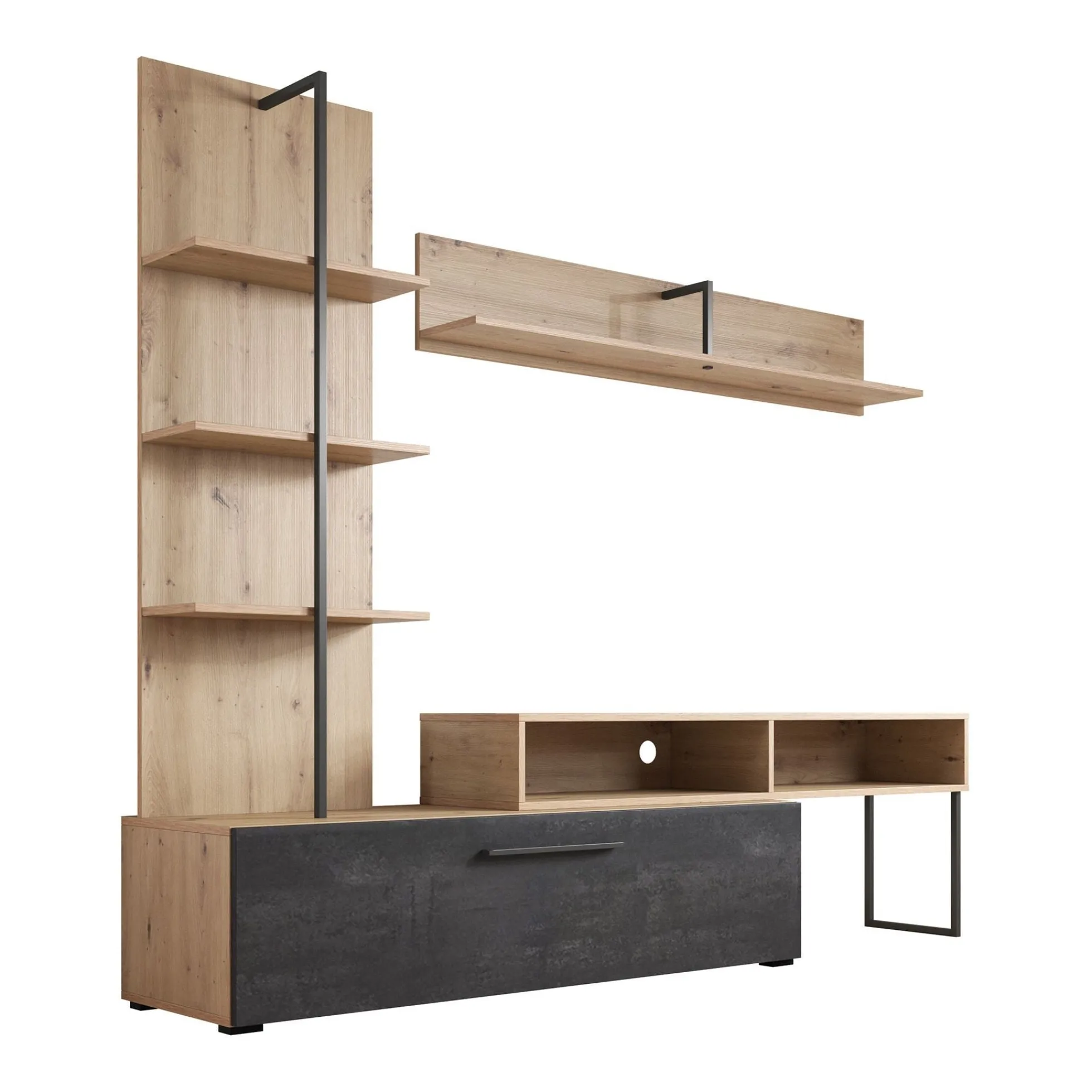 Emerson - Wandmeubel - Zwart/eiken - 205x42x173 cm
