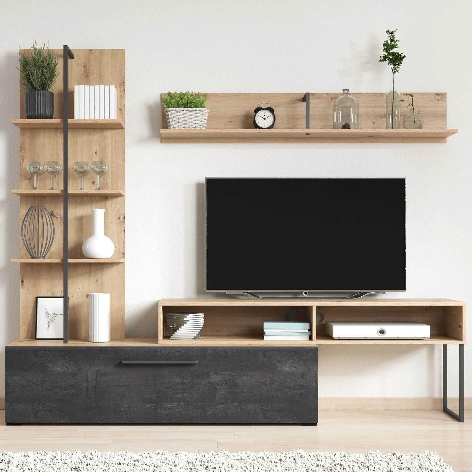 Emerson - Wandmeubel - Zwart/eiken - 205x42x173 cm