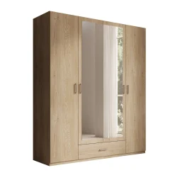Enzio - Kledingkast 4 deurs met spiegel - Eikenpatroon - 178x54x211 cm