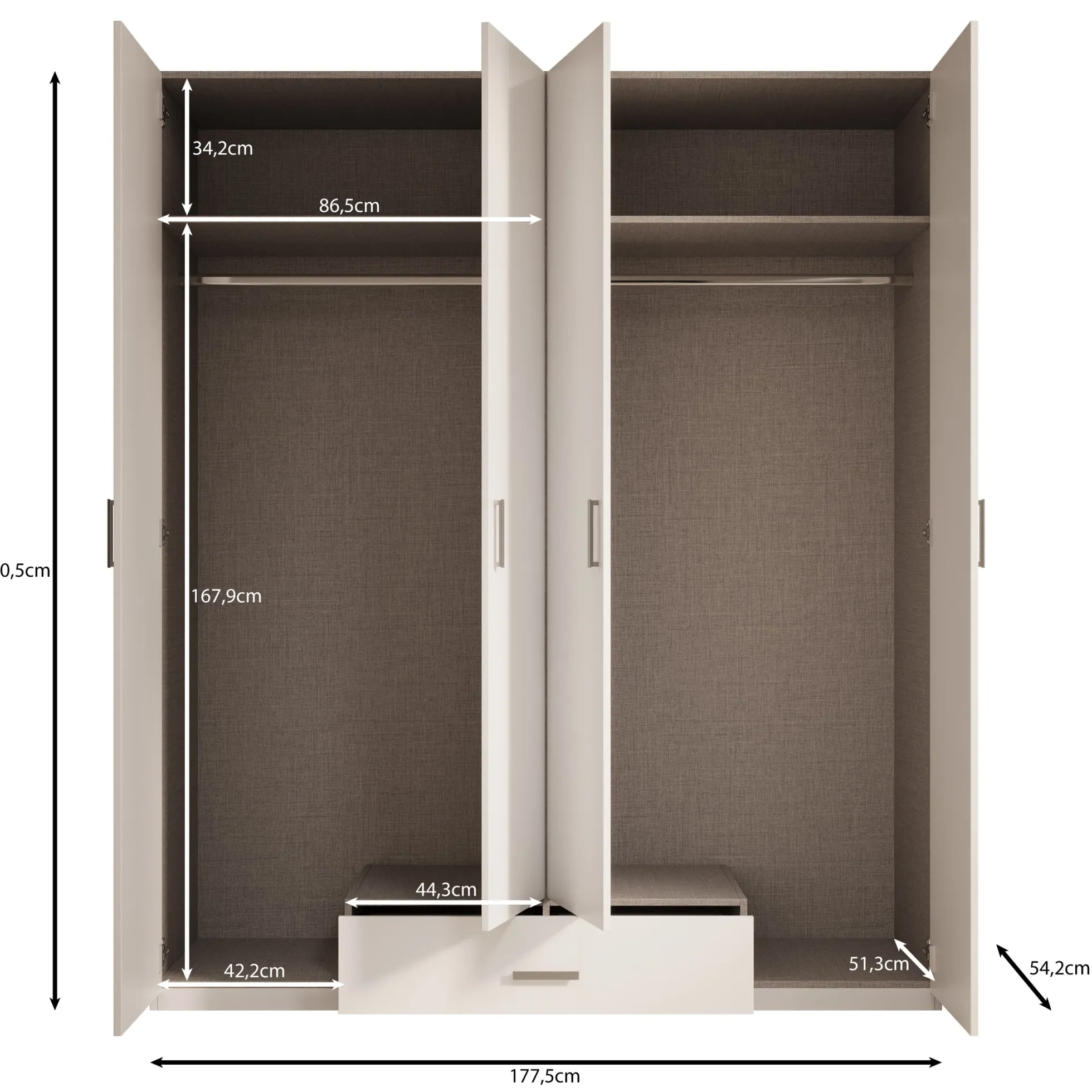 Enzio - Kledingkast met 4 deuren - Wit - 178x54x211 cm