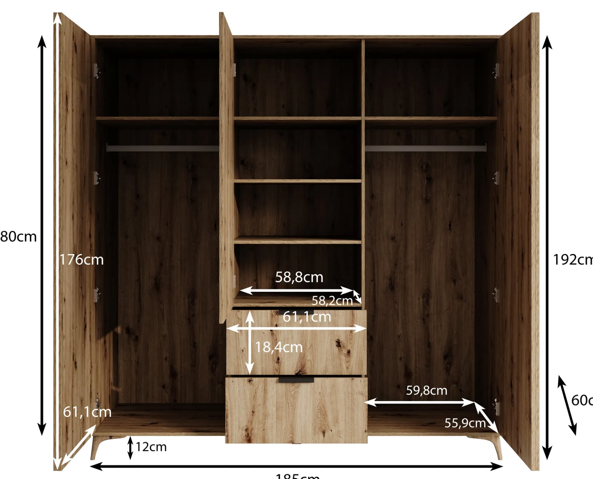 Evy - Kledingkast 3-deurs - Eiken - 185x60x192 cm
