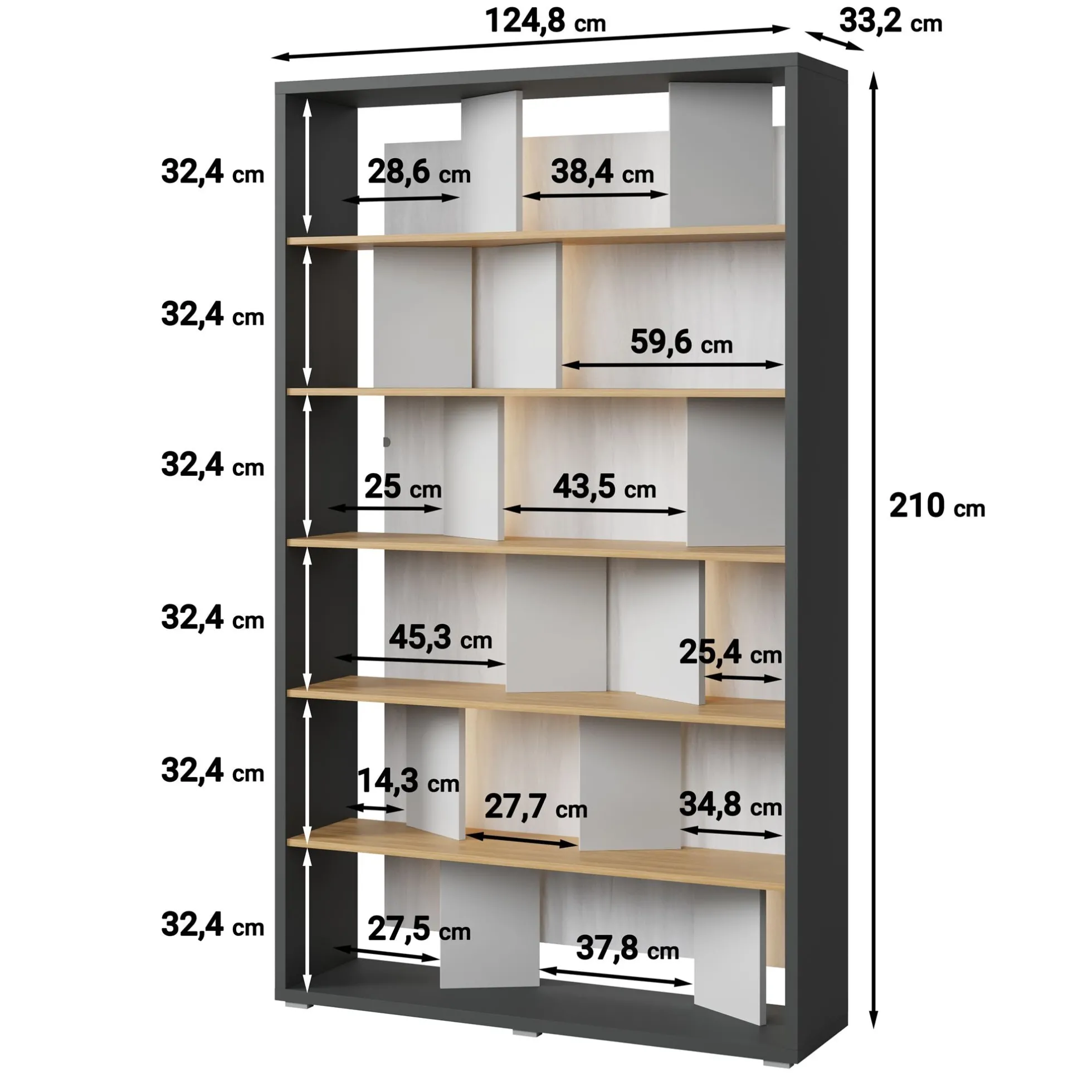 Flamingo - Boekenkast - Eiken/grijs - 125x33x210 cm