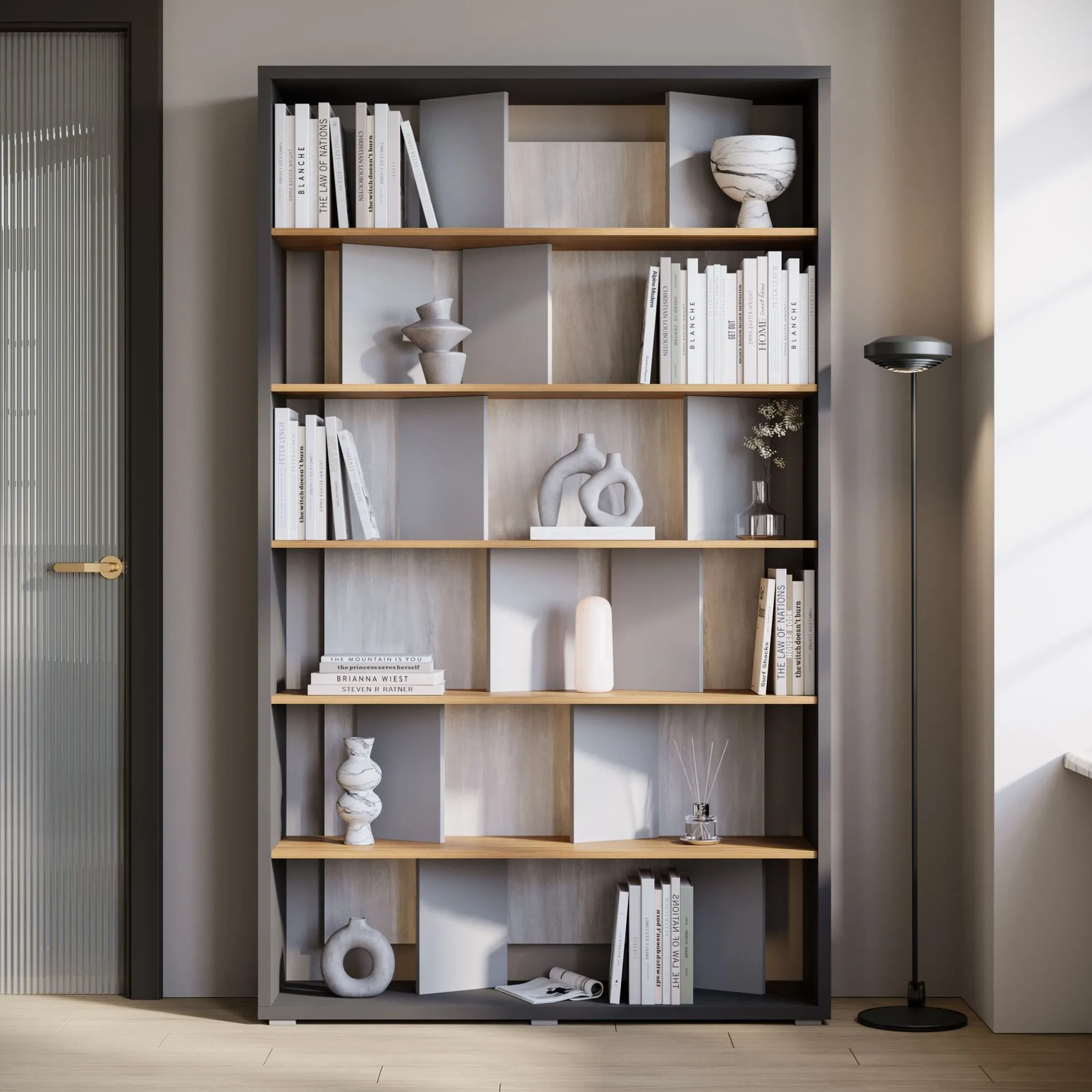 Flamingo - Boekenkast - Eiken/grijs - 125x33x210 cm