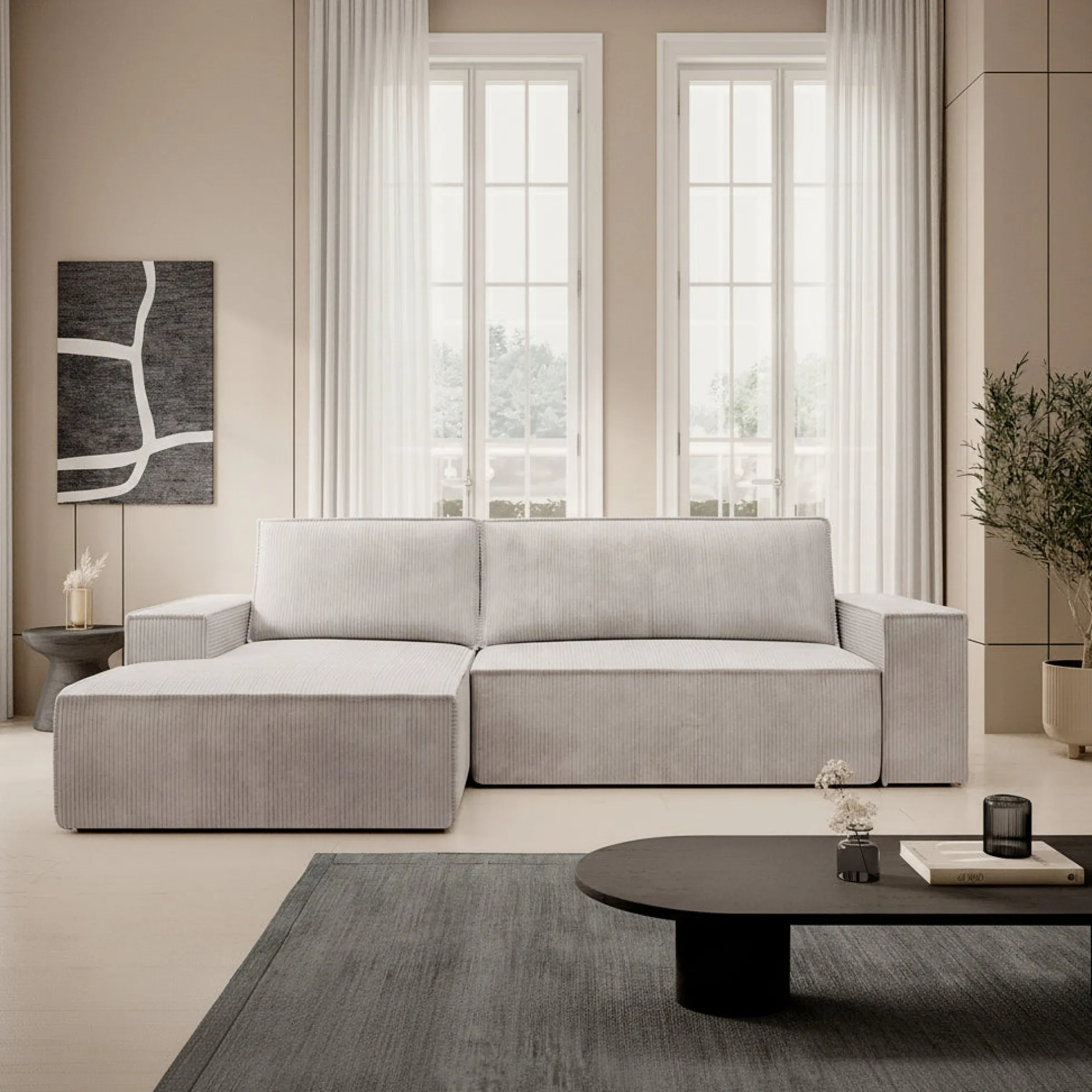 Foster - Hoekbank - Beige Ribstof - Links