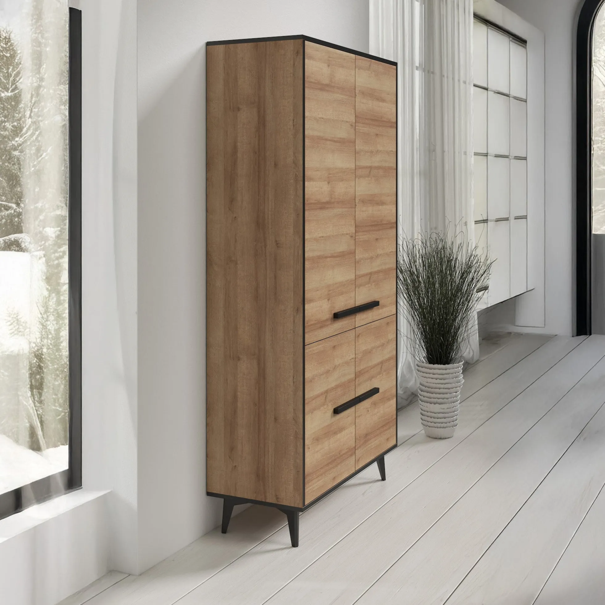 Frey - Opbergkast 4 deuren - Licht eiken/zwart - 91x40x185 cm