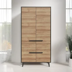Frey - Opbergkast 4 deuren - Licht eiken/zwart - 91x40x185 cm