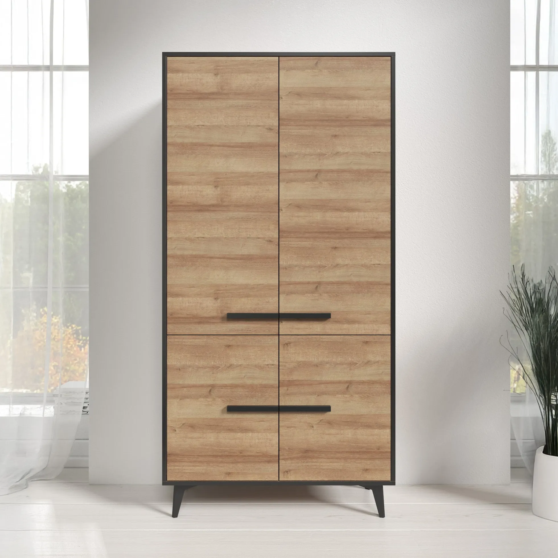 Frey - Opbergkast 4 deuren - Licht eiken/zwart - 91x40x185 cm