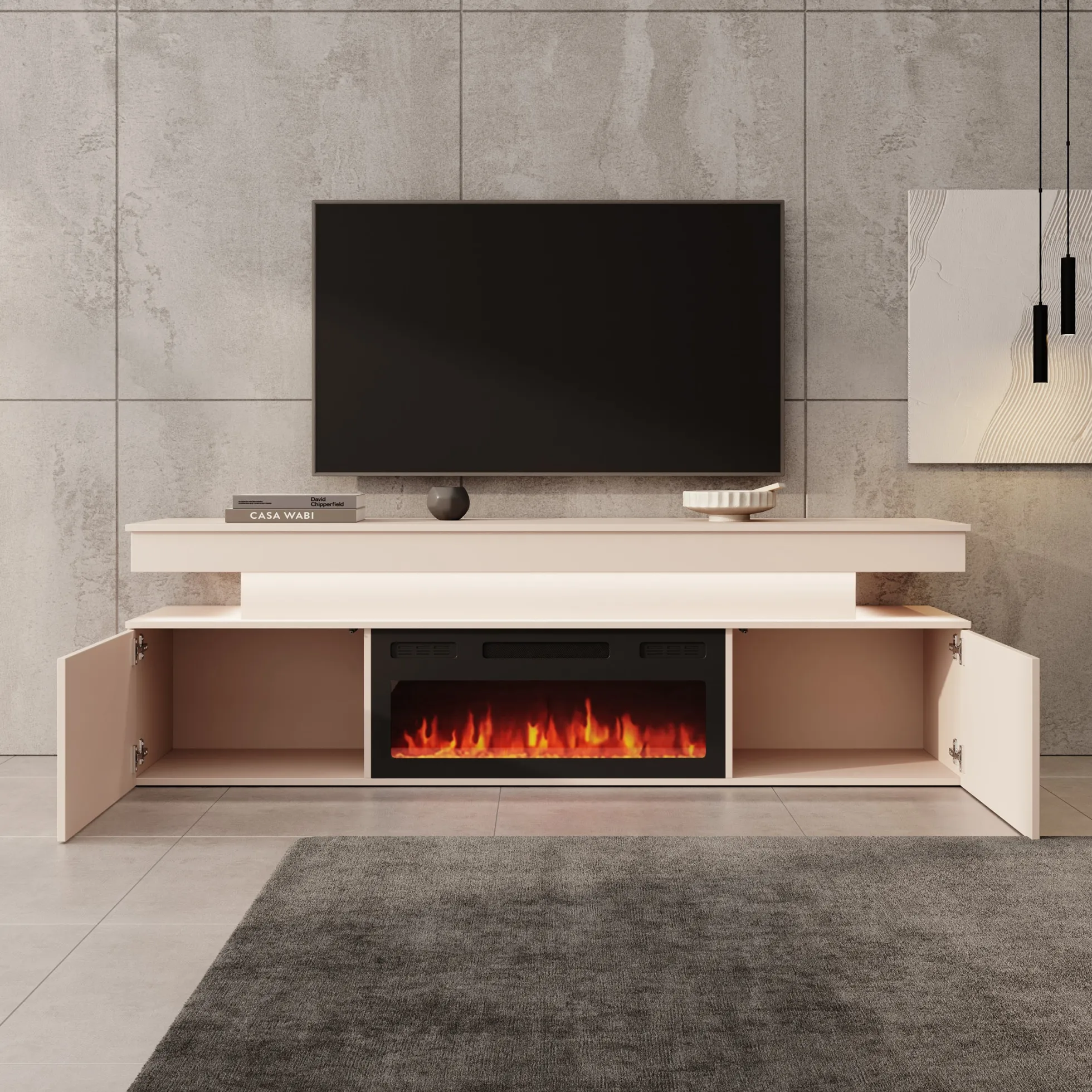 Galan - TV-Meubel met sfeerhaard - Beige - 190x39x54 cm