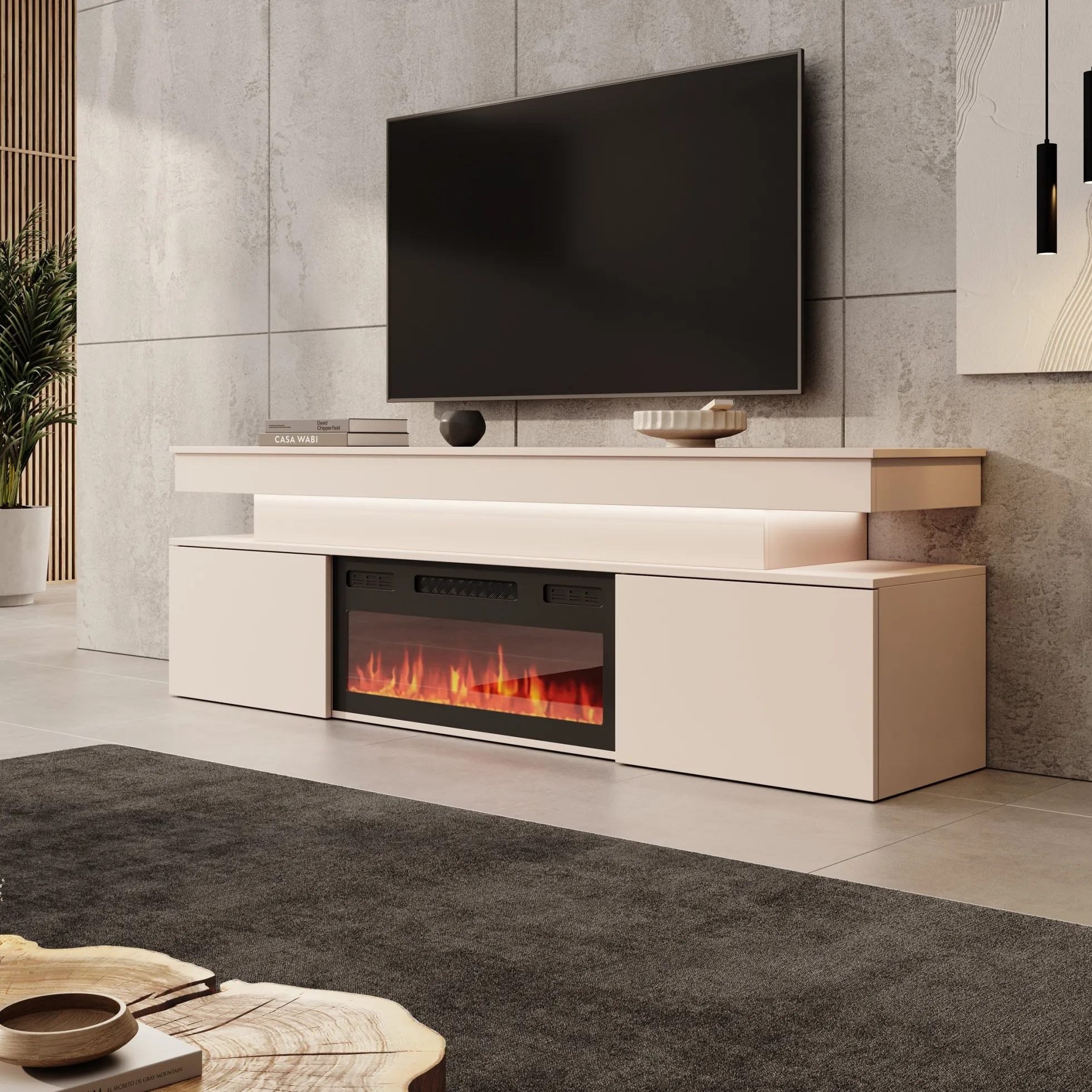 Galan - TV-Meubel met sfeerhaard - Beige - 190x39x54 cm
