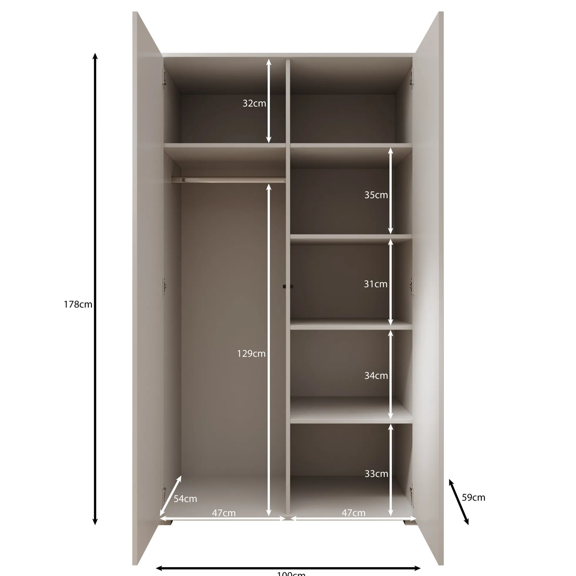 Gideon - Kledingkast 2-deurs - Wit - 100x59x178 cm
