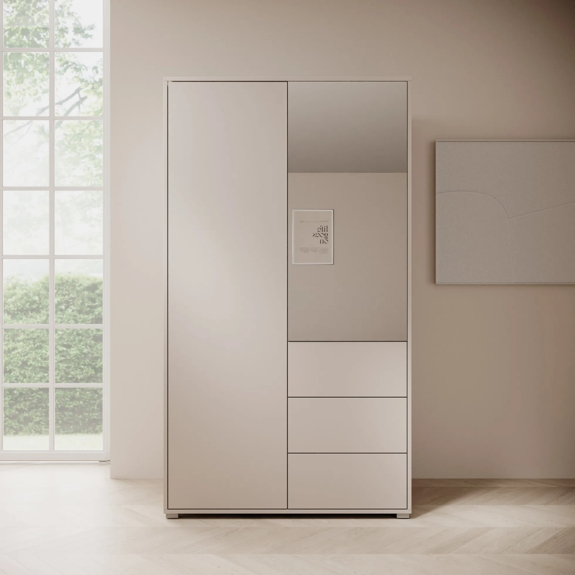 Gideon - Kledingkast met spiegel - Beige - 100x59x178 cm