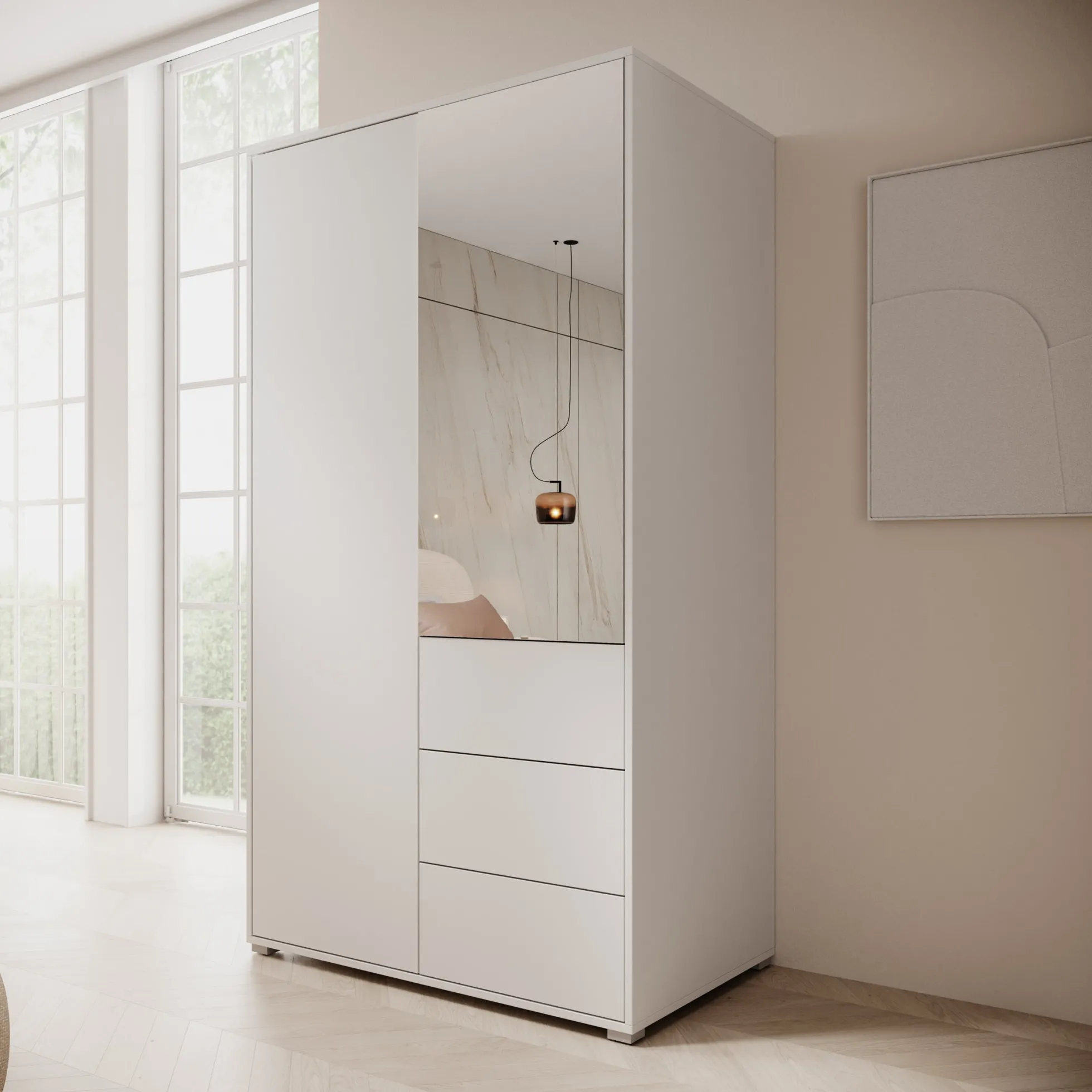 Gideon - Kledingkast met spiegel - Wit - 100x59x178 cm