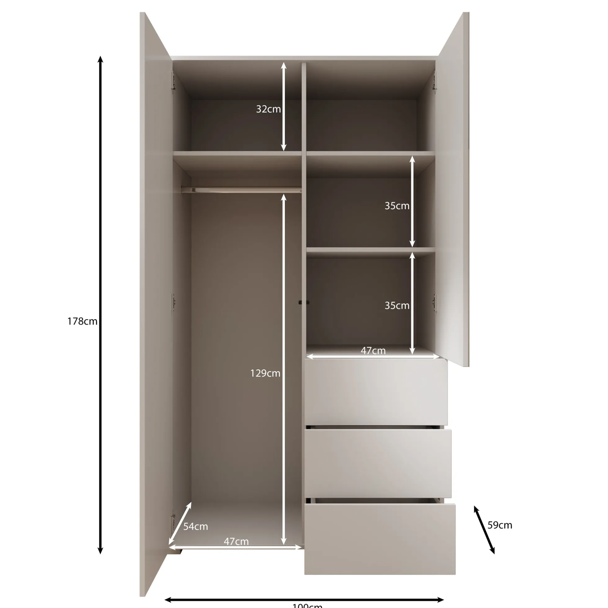 Gideon - Kledingkast met spiegel - Wit - 100x59x178 cm