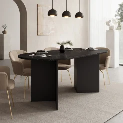 Glenne - Eetkamertafel ovaal - Zwart marmerlook - 185x90x75 cm