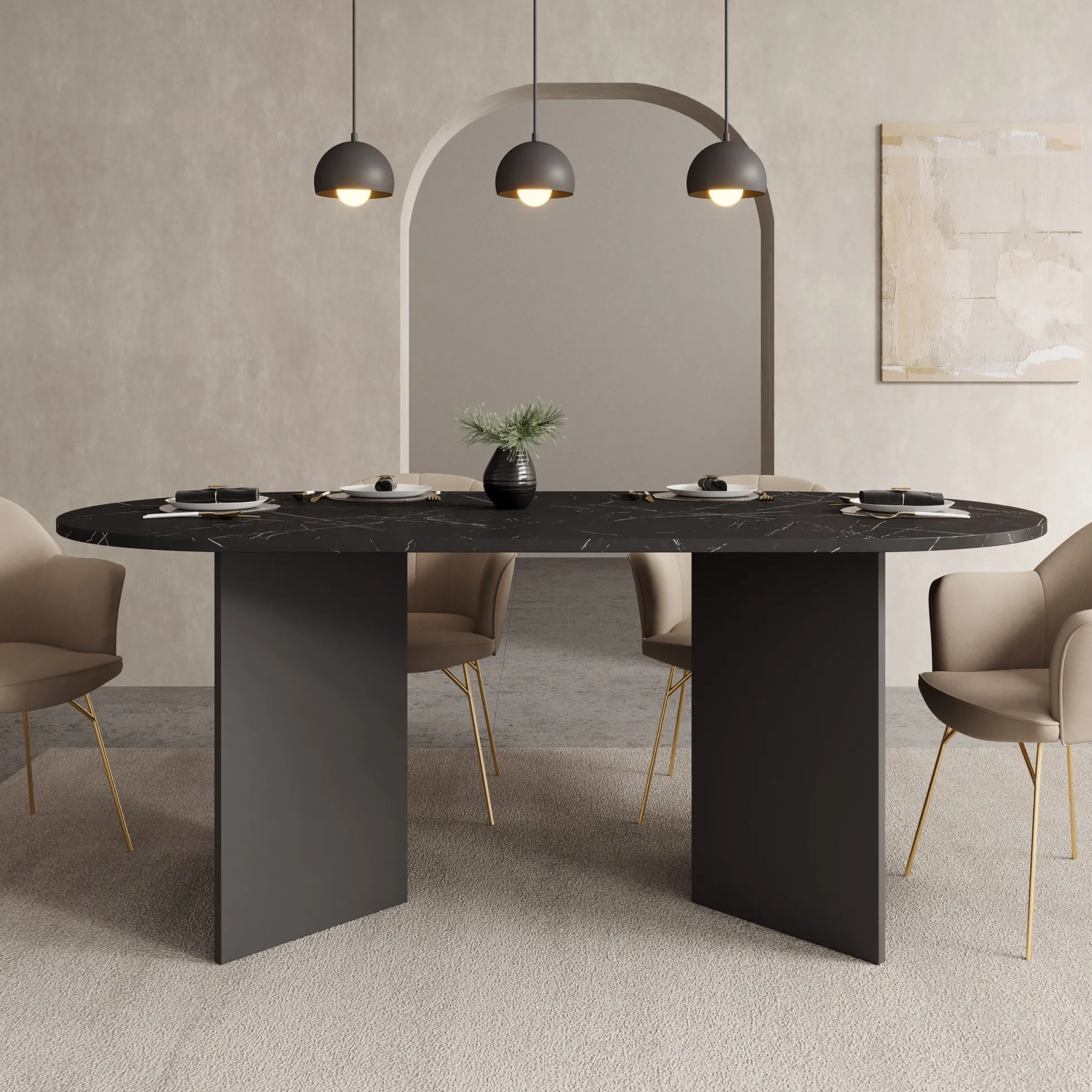 Glenne - Eetkamertafel ovaal - Zwart marmerlook - 185x90x75 cm