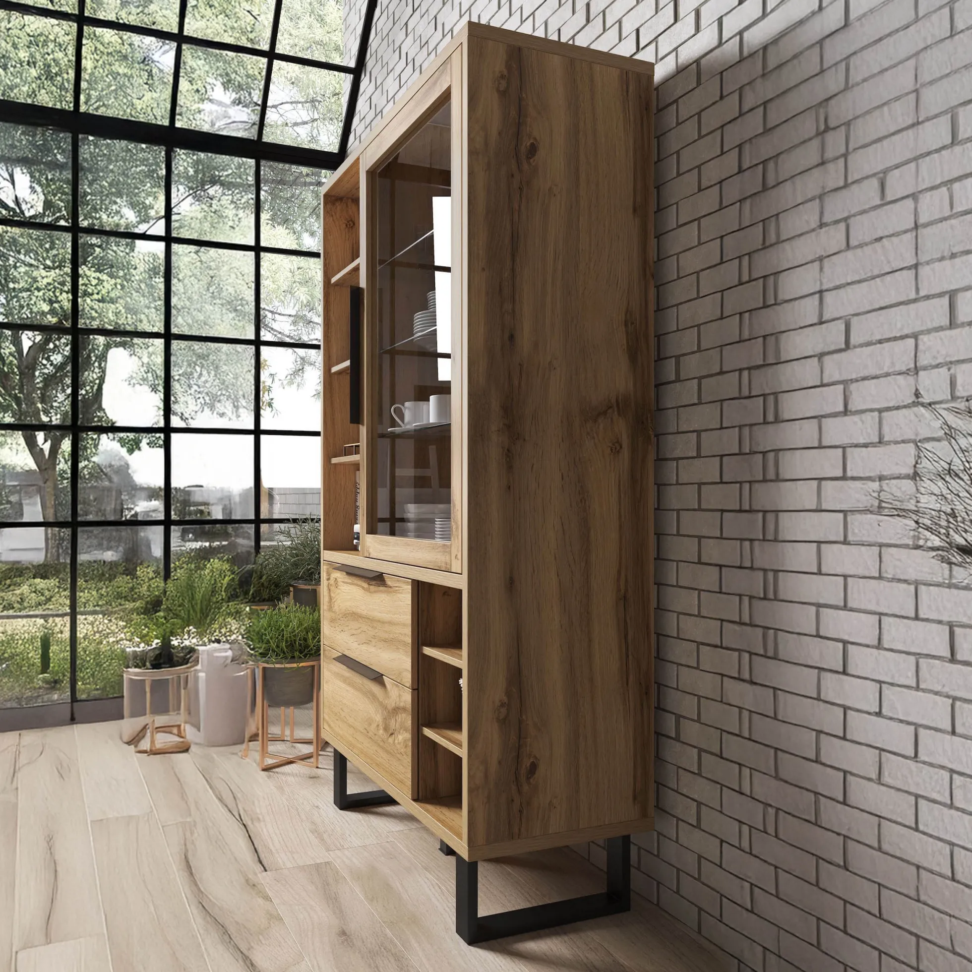 Harlow - Vitrinekast - Eiken/zwart - 120x45x190 cm
