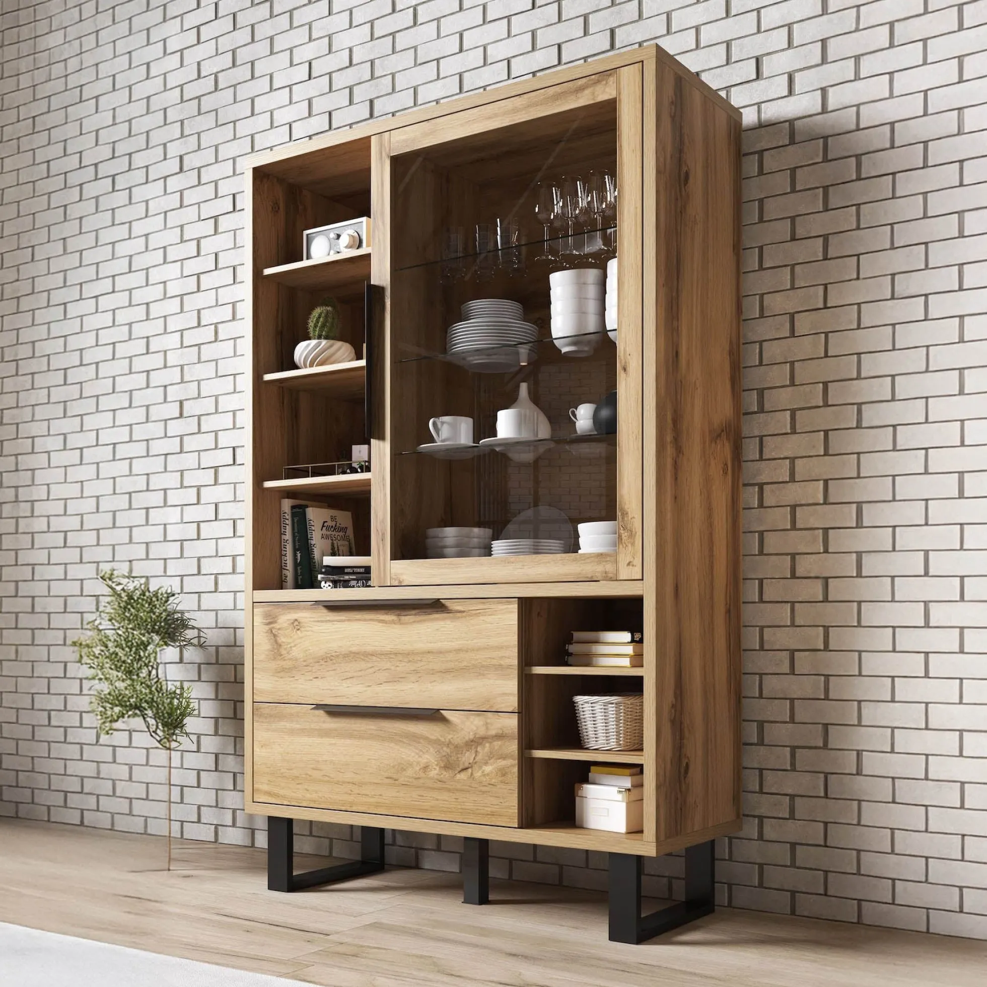 Harlow - Vitrinekast - Eiken/zwart - 120x45x190 cm