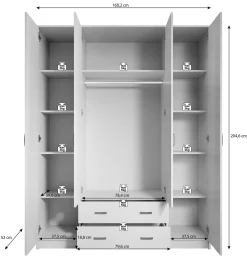 Hinto - Kledingkast 4-deurs - Grijs - 160x52x205 cm