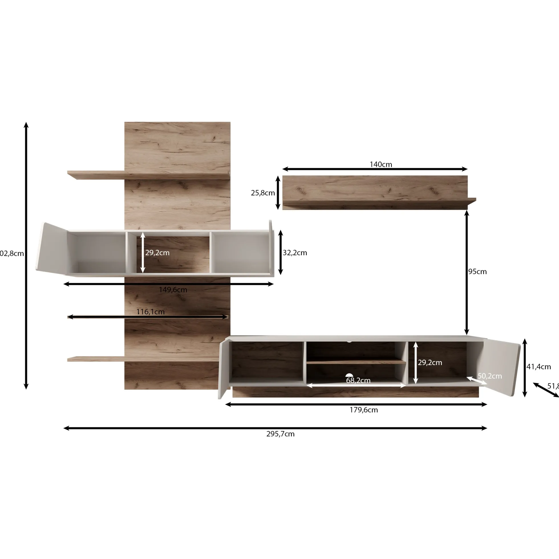 Huxley - Wandmeubel - Eikenpatroon/Wit - 296x52x203 cm