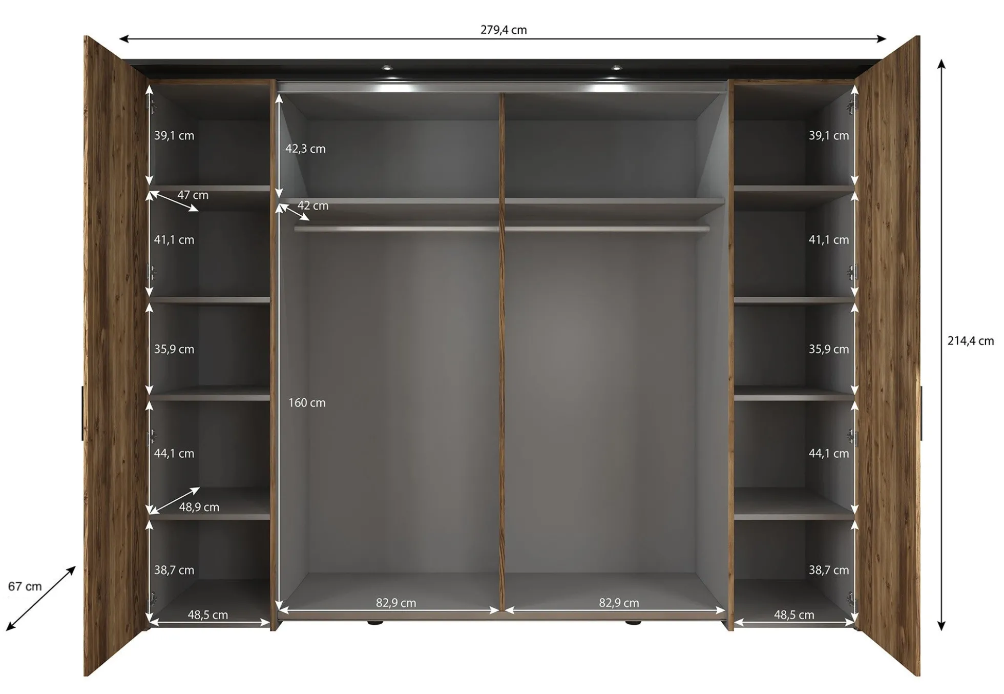 Jacob - Kledingkast met schuifdeuren - Zwart/eiken - 280x67x214 cm