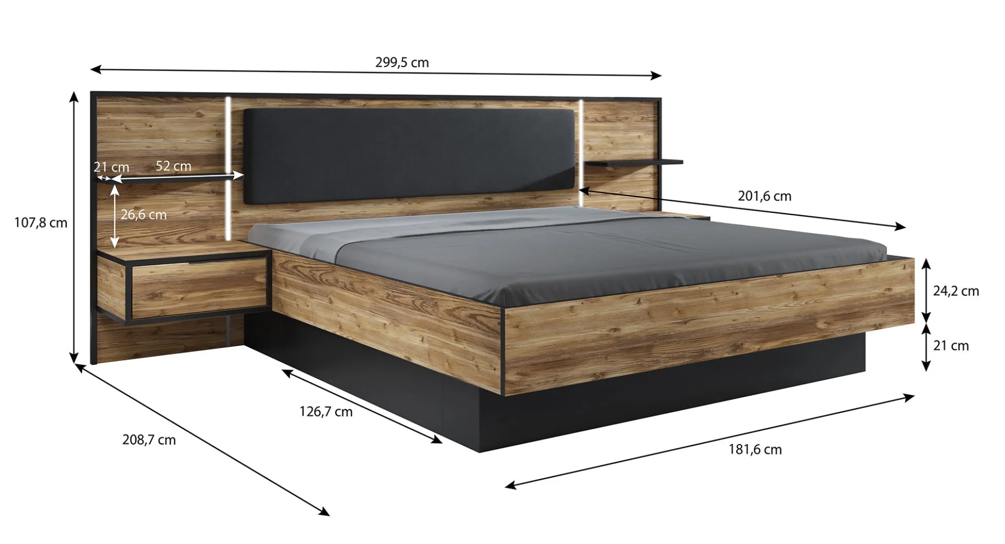 Jacob - Tweepersoonsbed met nachtkastjes - Zwart/Eiken - 180x200 cm