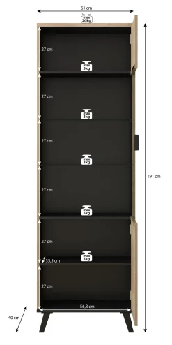 Jenny - Vitrinekast - Eiken/zwart - 61x40x191 cm