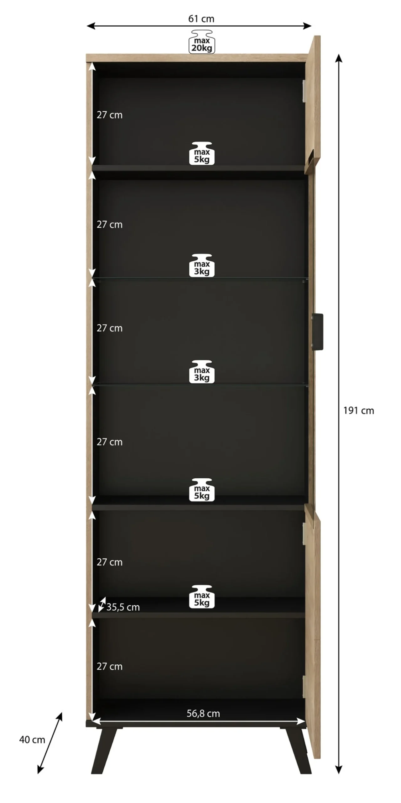 Jenny - Vitrinekast - Eiken/zwart - 61x40x191 cm