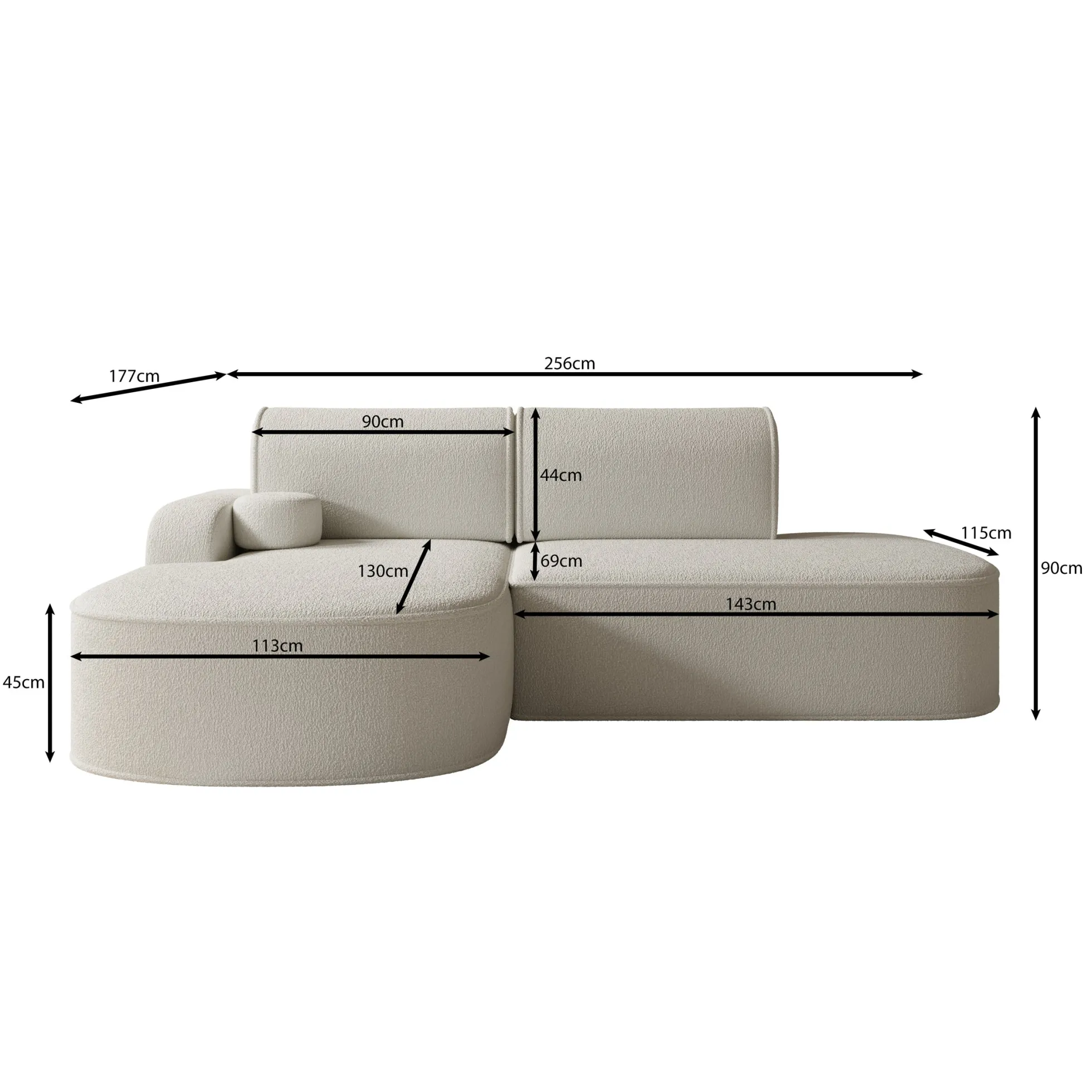Kalero - Hoekbank 2-zits met chaise longue - Teddystof beige - Links