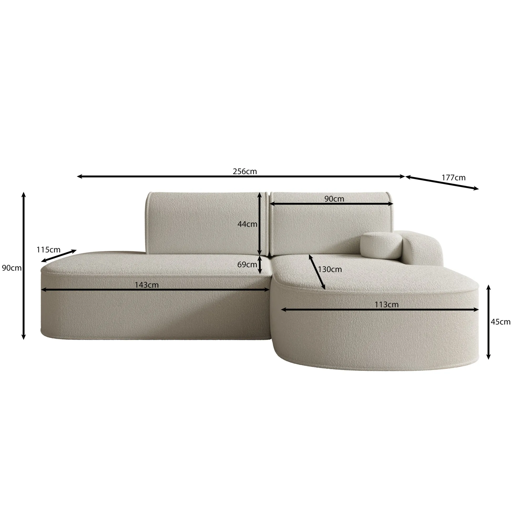 Kalero - Hoekbank 2-zits met chaise longue - Teddystof beige - Rechts