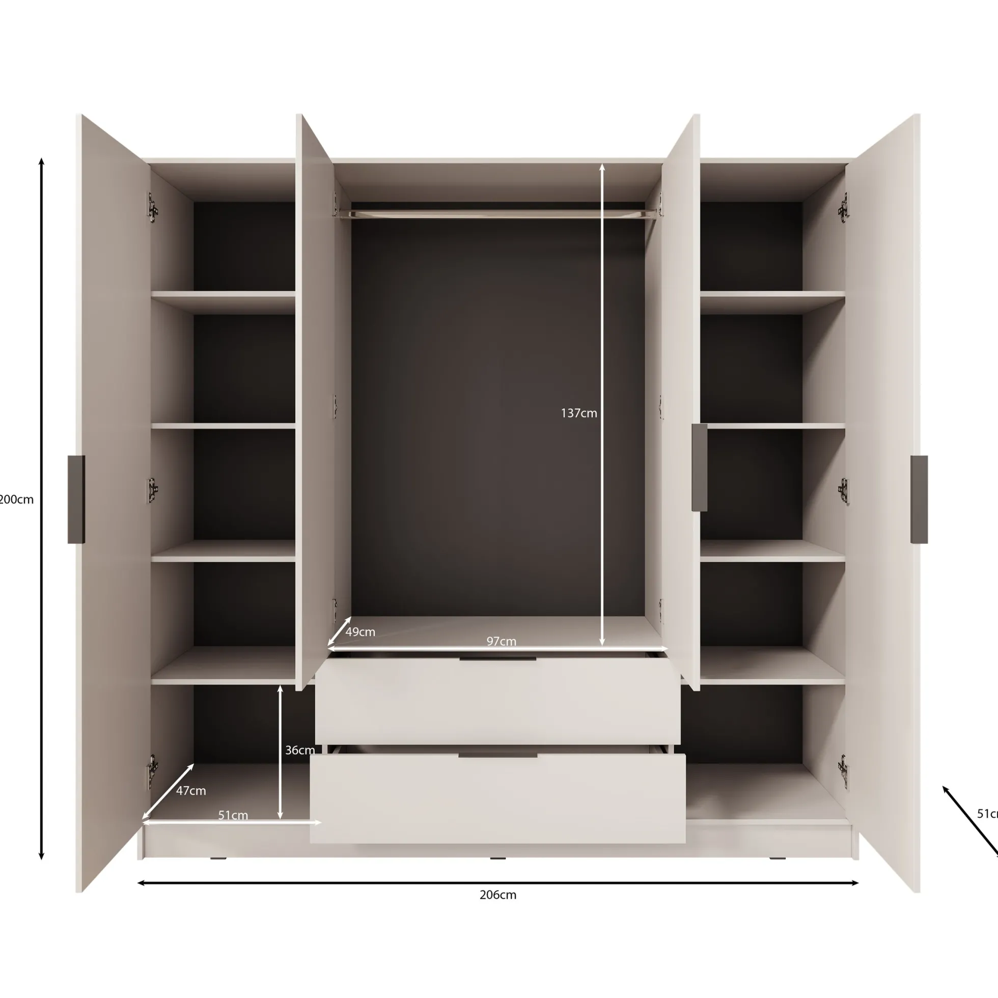Kellan - Kledingkast 4-deurs - Grijs - 206x51x200 cm