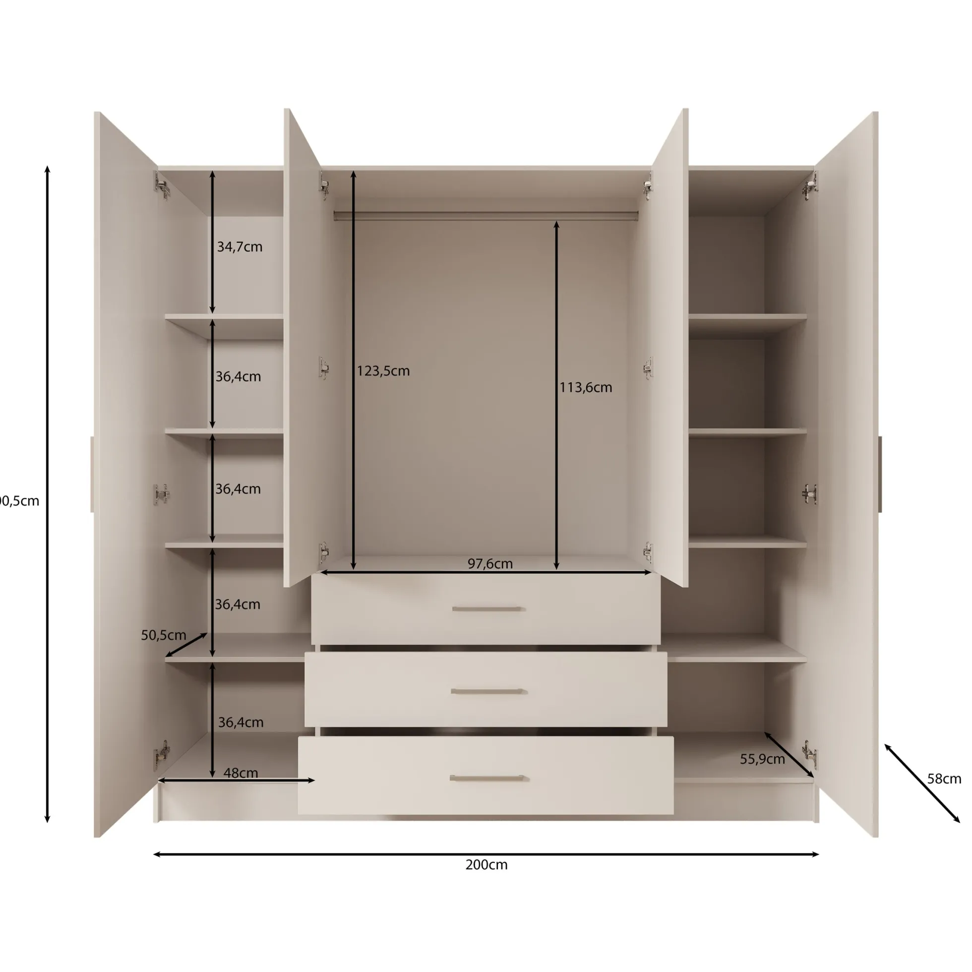 Komodo - Kledingkast met 4 deuren - Wit - 200x61x201 cm