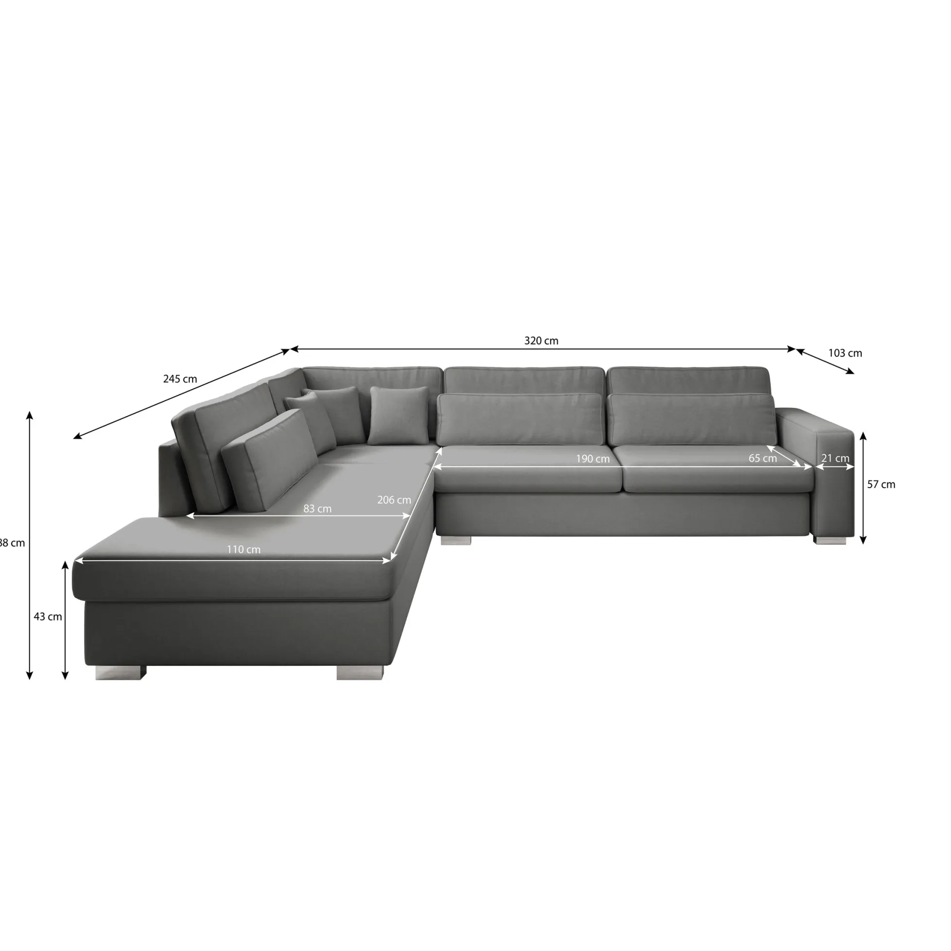 Kristina - Hoekbank 5-zits - Grijs velvet - Links - 320x245x88 cm