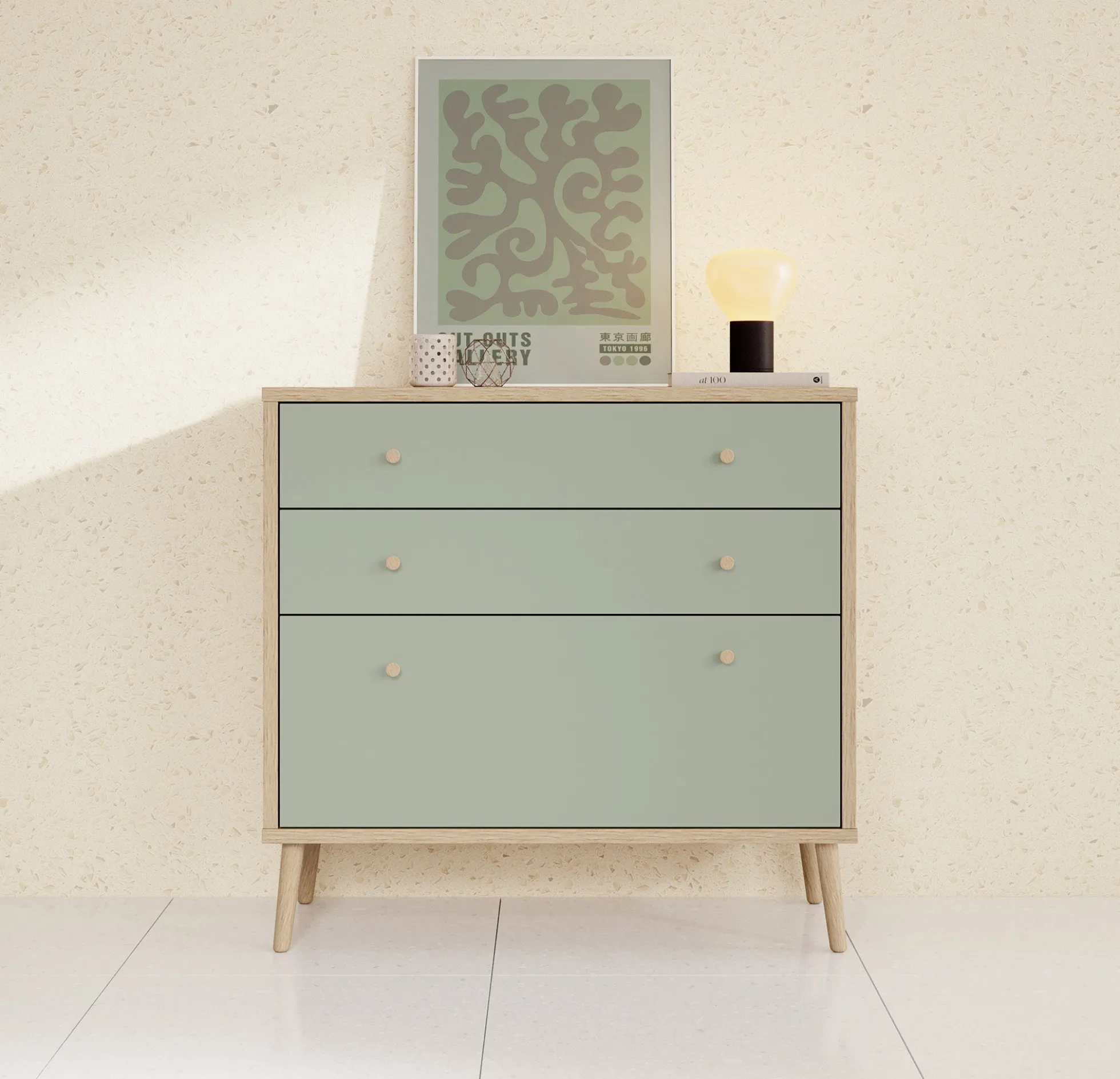 Ladekast Wally - Licht eiken - Groen - 90 cm