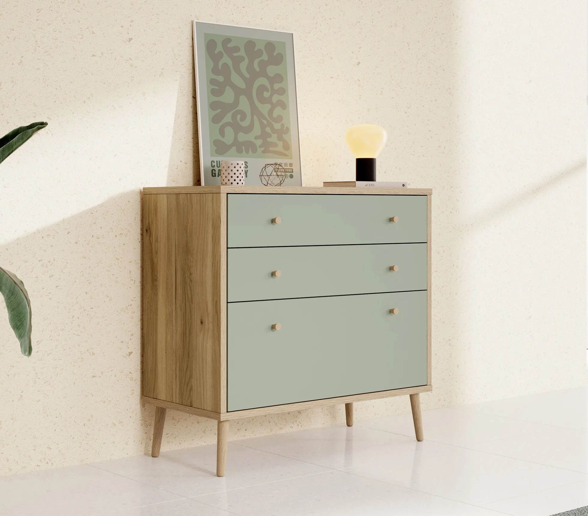 Ladekast Wally - Licht eiken - Groen - 90 cm