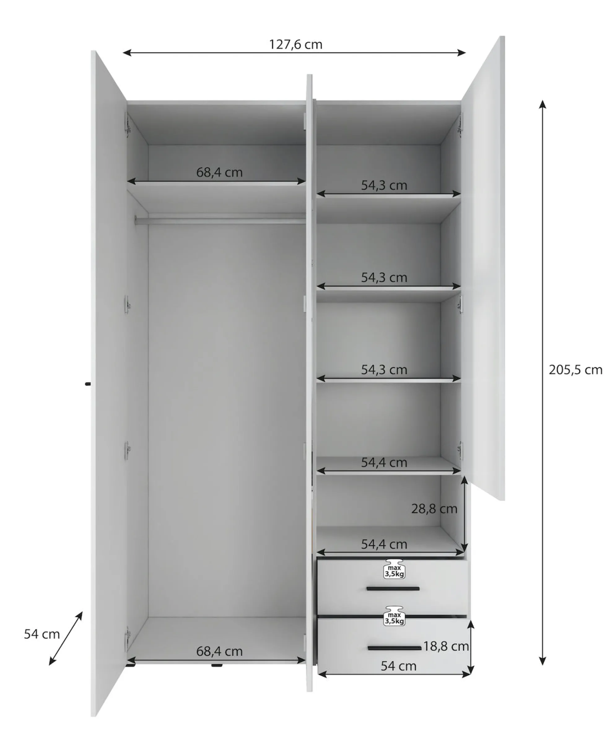 Laura - Kledingkast met deuren - Wit - 128x54x206 cm
