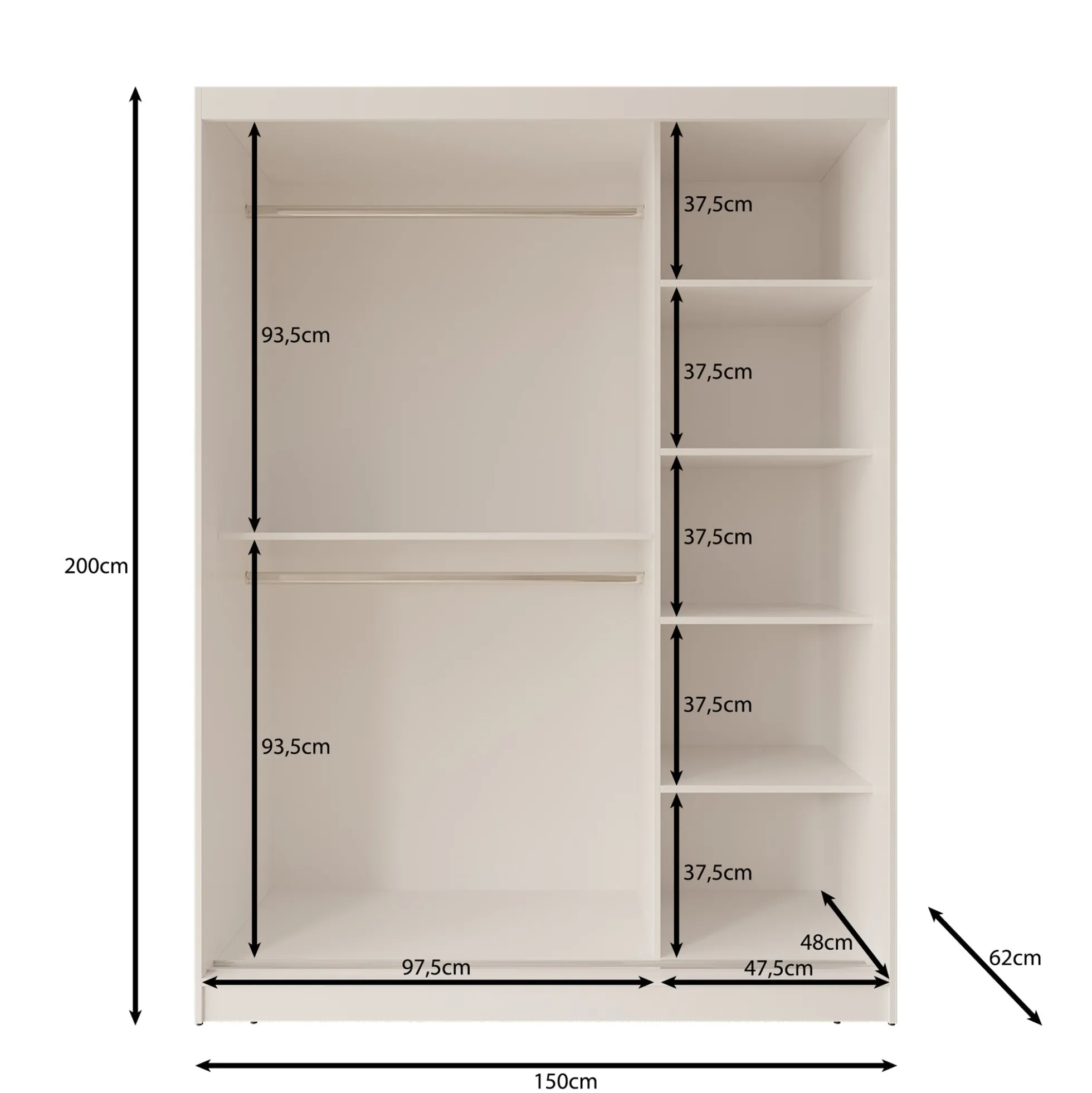 Lava - Kledingkast met 2 schuifdeuren - Beige - 150x62x200 cm