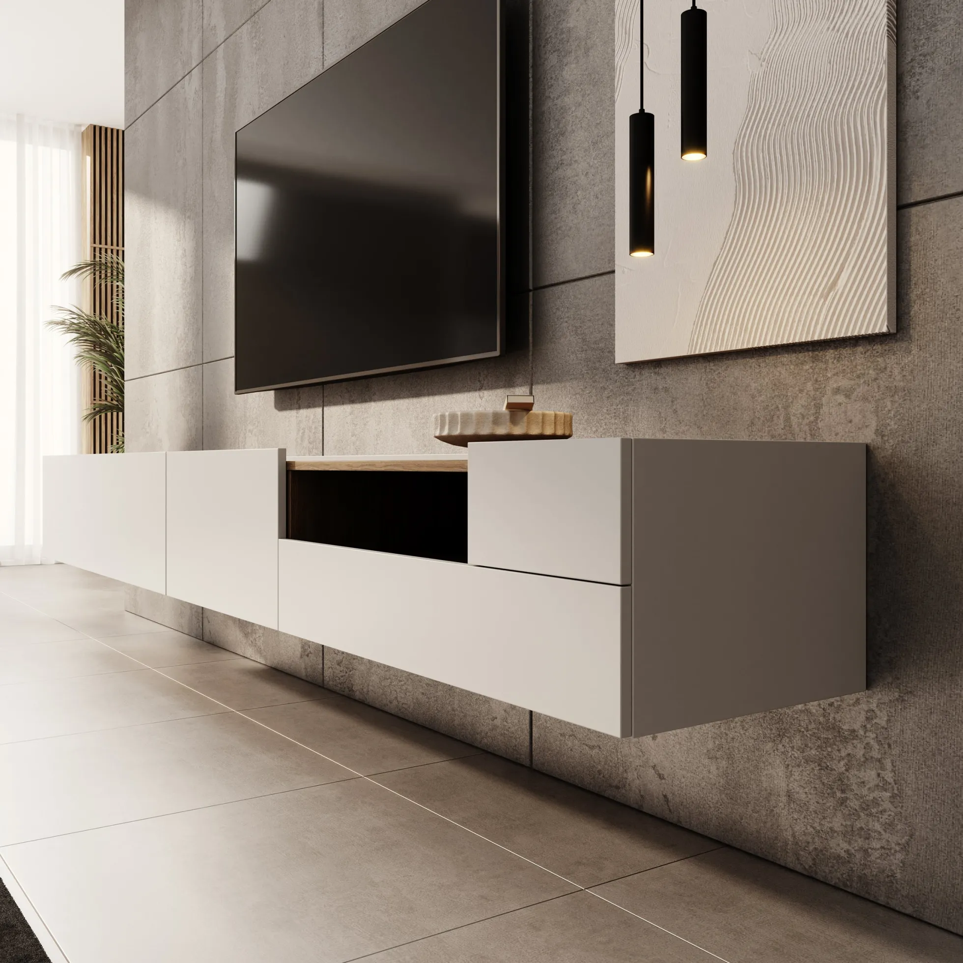 Lavar - TV-meubel - Wit/Eiken - 269x41x32 cm