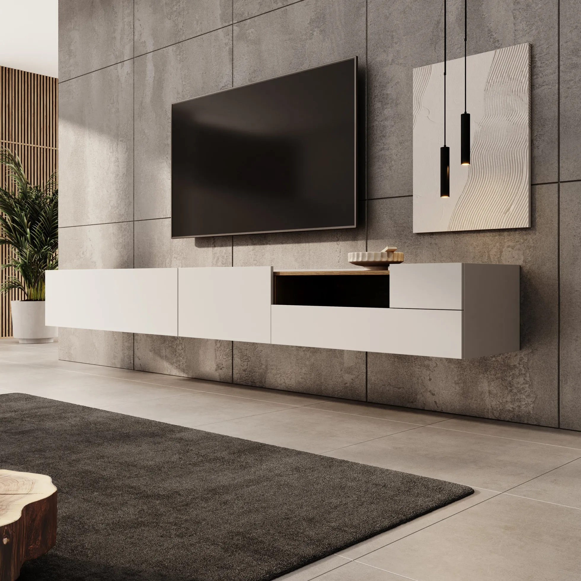 Lavar - TV-meubel - Wit/Eiken - 269x41x32 cm