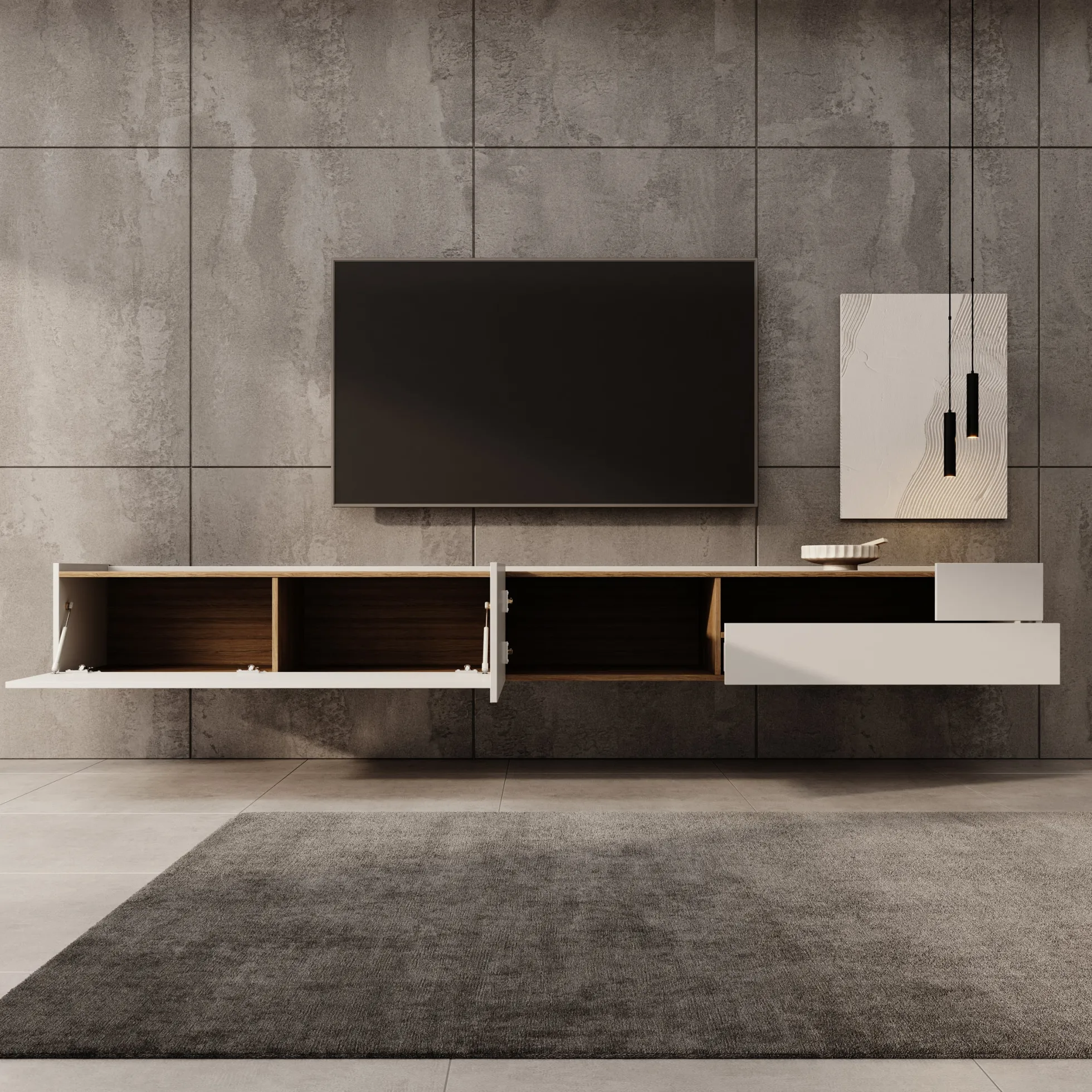 Lavar - TV-meubel - Wit/Eiken - 269x41x32 cm